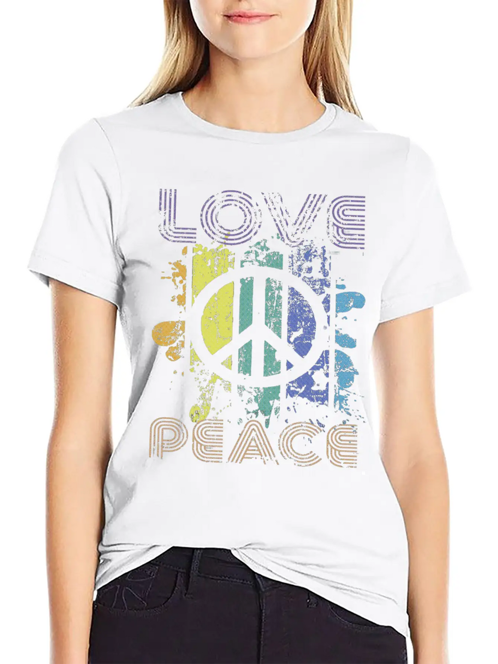 Love And Peace Sing Sign Symbol Heavily Distressed Unisex Short Sleeve Soft Cotton T-Shirt – Casual Everyday Wear