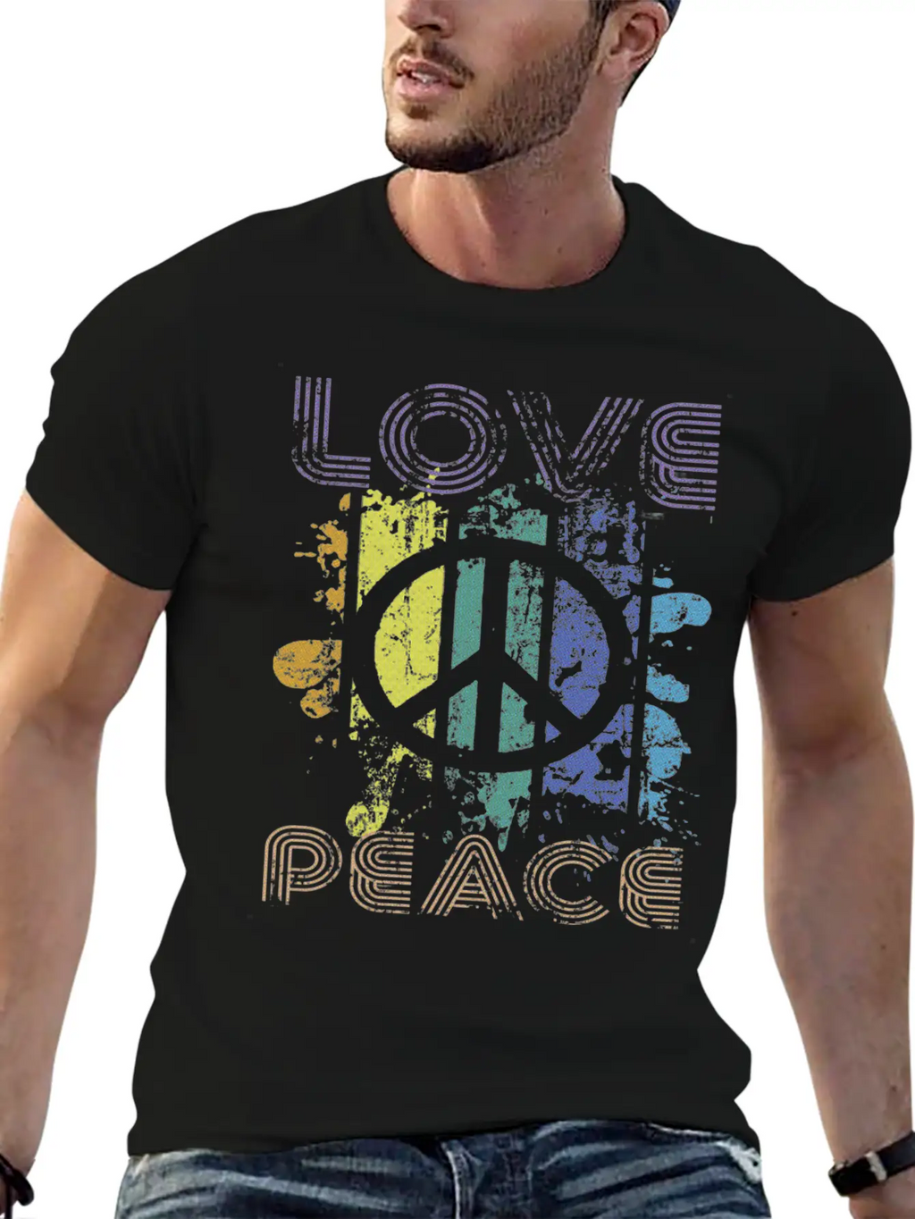 Love And Peace Sing Sign Symbol Heavily Distressed Unisex Short Sleeve Soft Cotton T-Shirt – Casual Everyday Wear