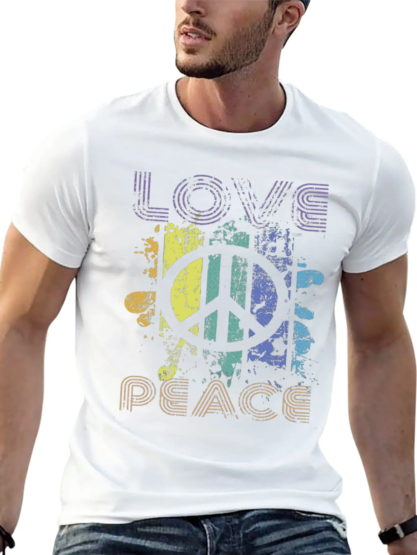 Love And Peace Sing Sign Symbol Heavily Distressed Unisex Short Sleeve Soft Cotton T-Shirt – Casual Everyday Wear