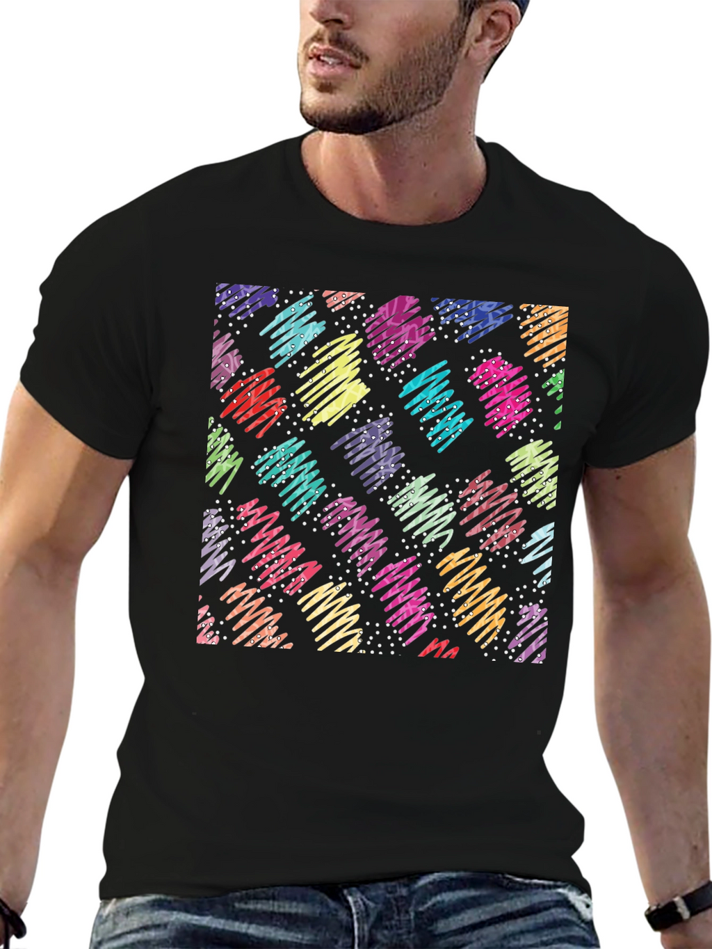 Retro Scribble Pattern Black T-Shirt
