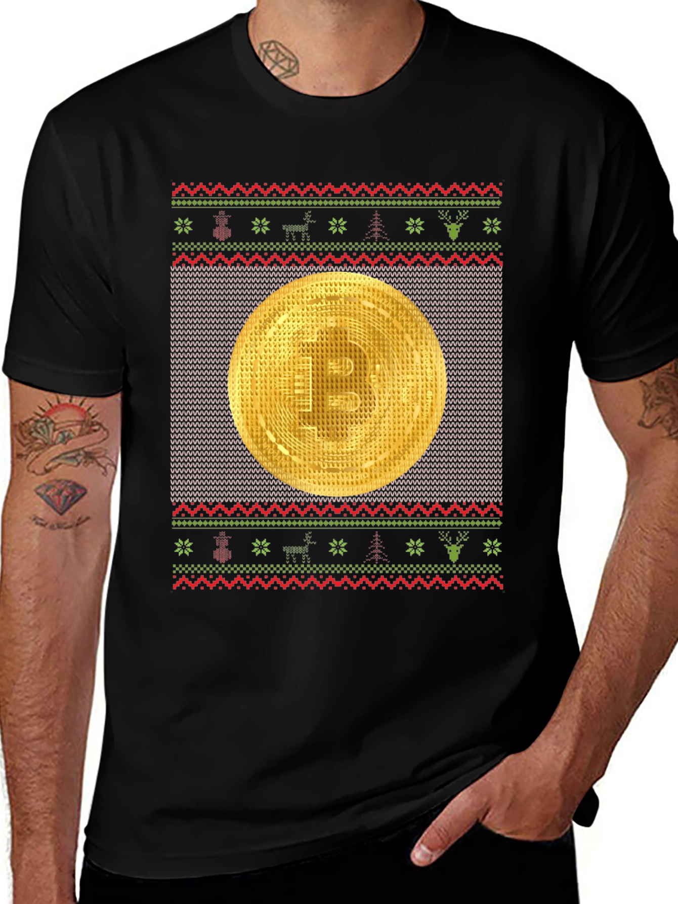 Bitcoin Christmas Ugly Sweater Style T-Shirt