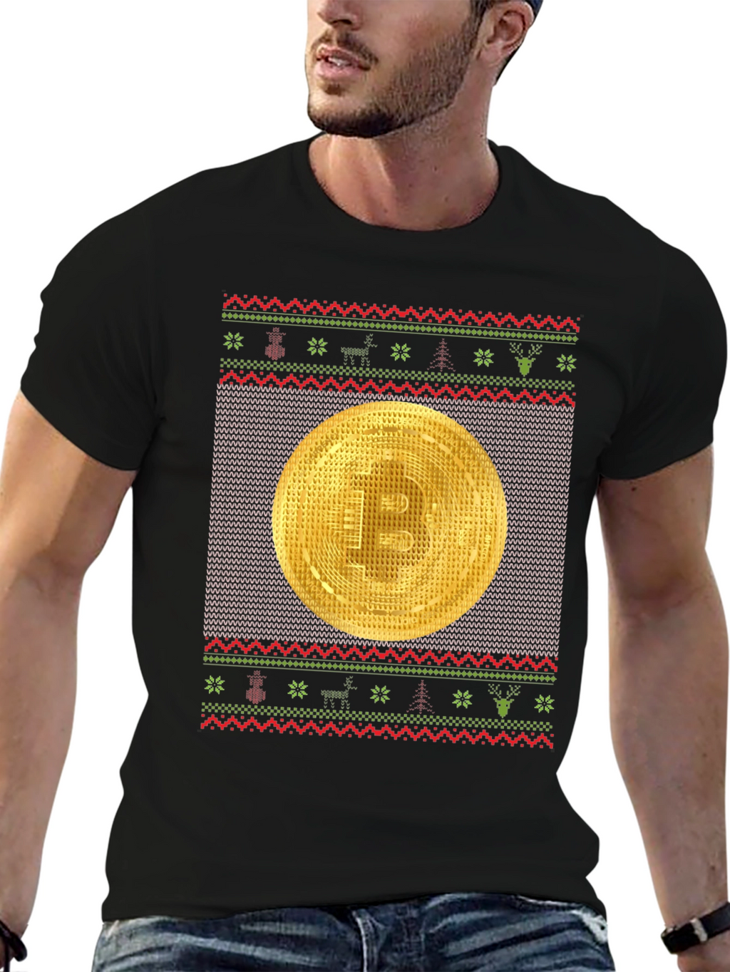 Bitcoin Christmas Ugly Sweater Style T-Shirt