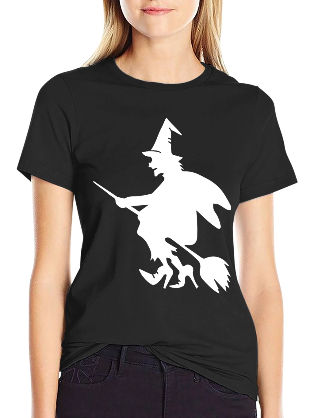 Halloween Witch Graphic Tee - Black Cotton T-Shirt