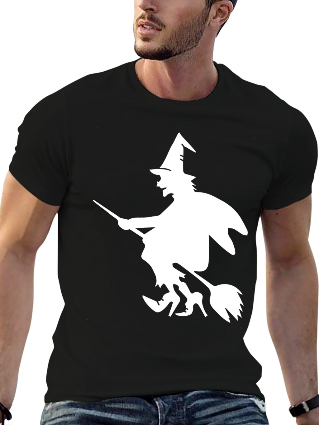 Halloween Witch Graphic Tee - Black Cotton T-Shirt