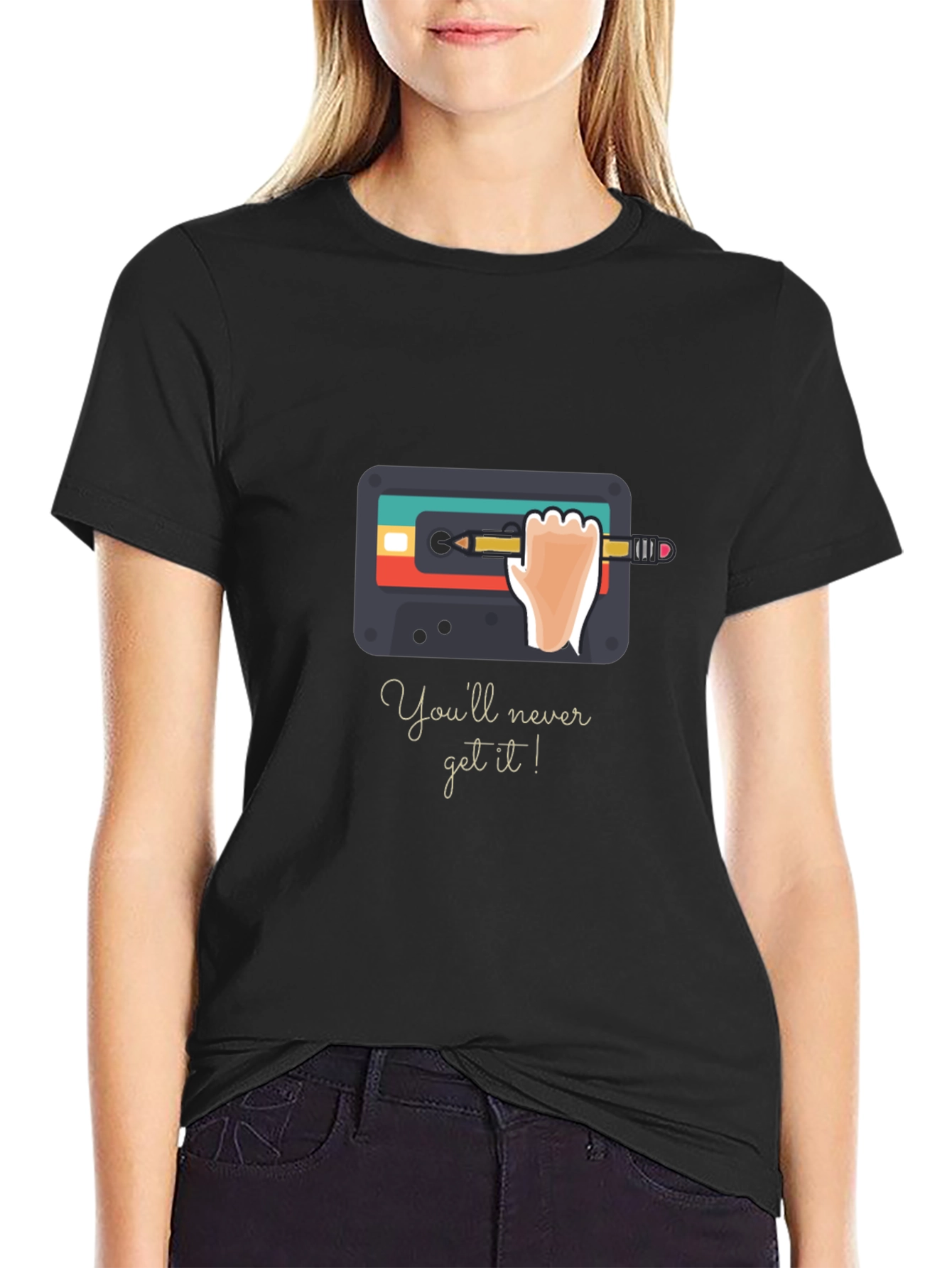 Retro Cassette Tape & Pencil Black Graphic Tee