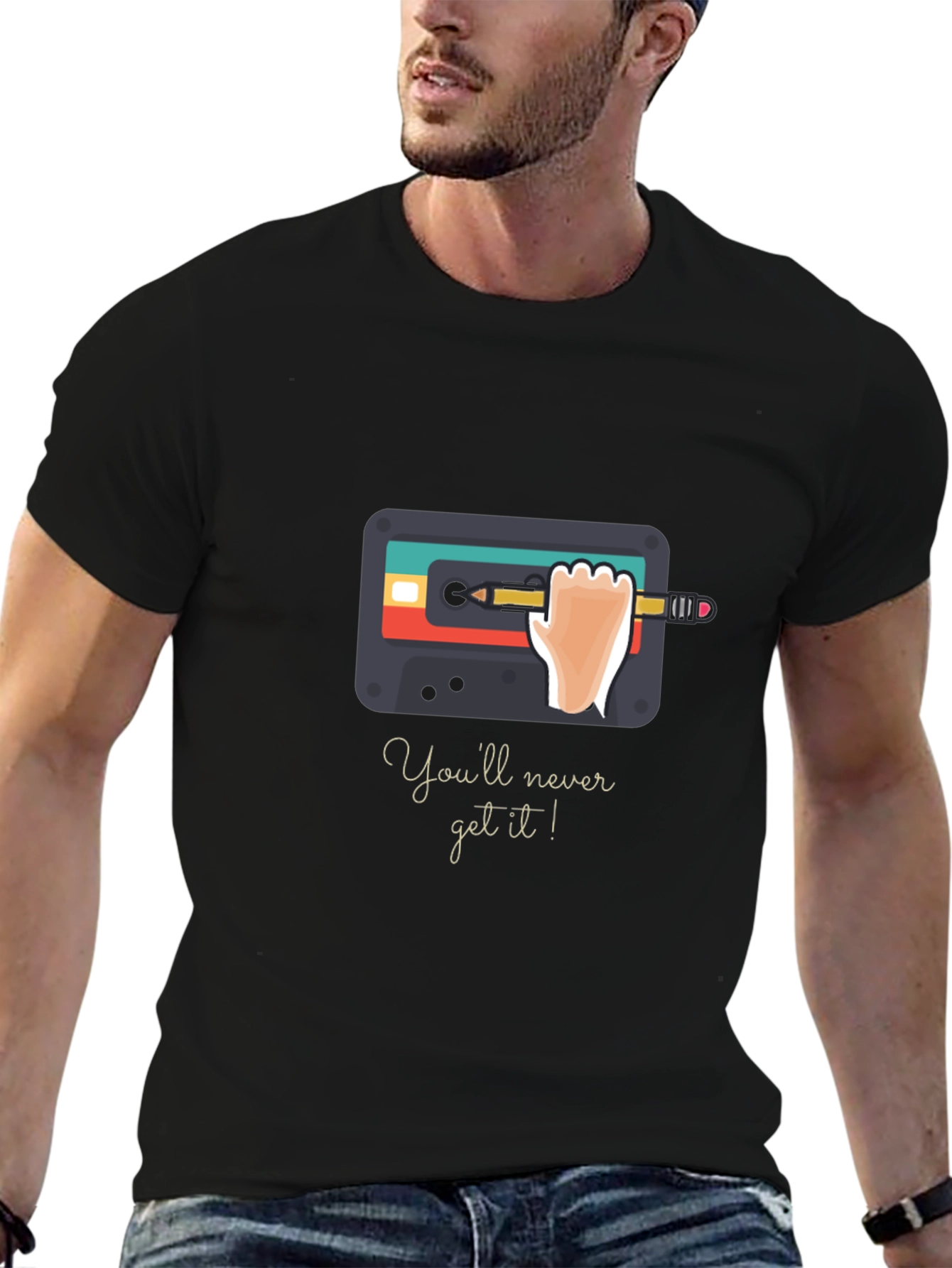 Retro Cassette Tape & Pencil Black Graphic Tee