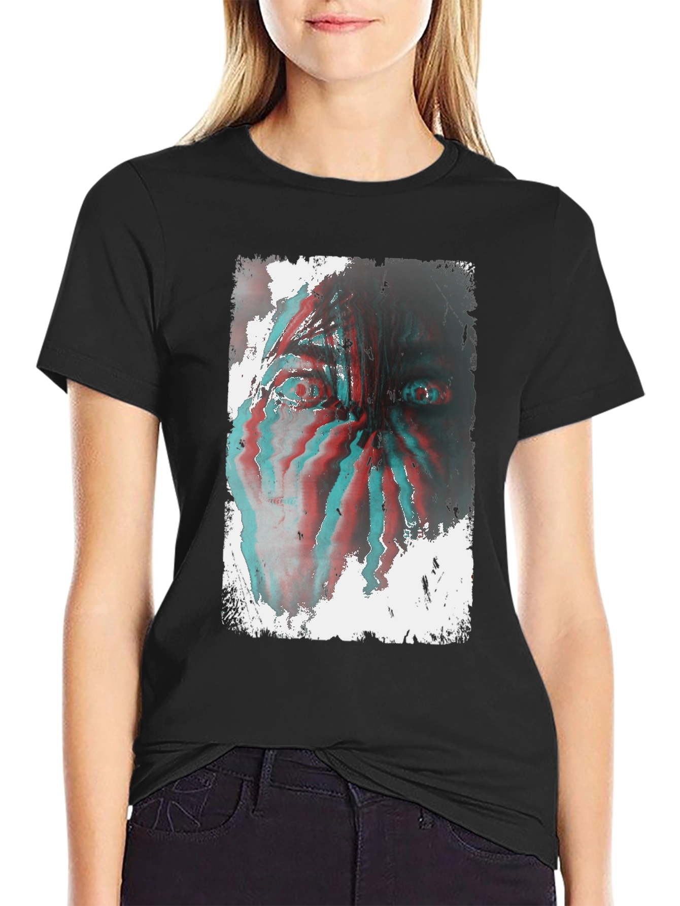 Distorted Face Graphic Tee - Black Cotton Blend