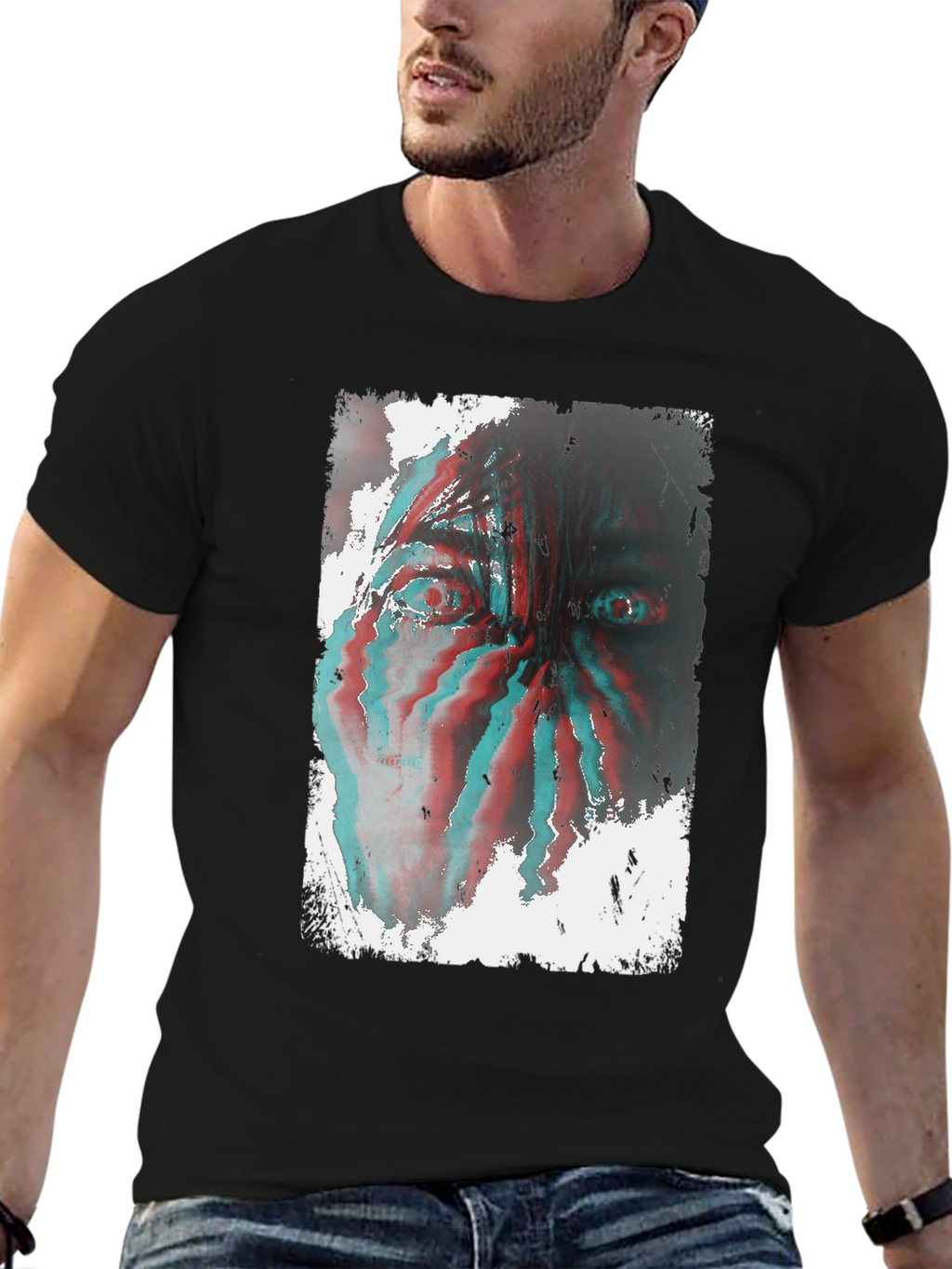 Distorted Face Graphic Tee - Black Cotton Blend