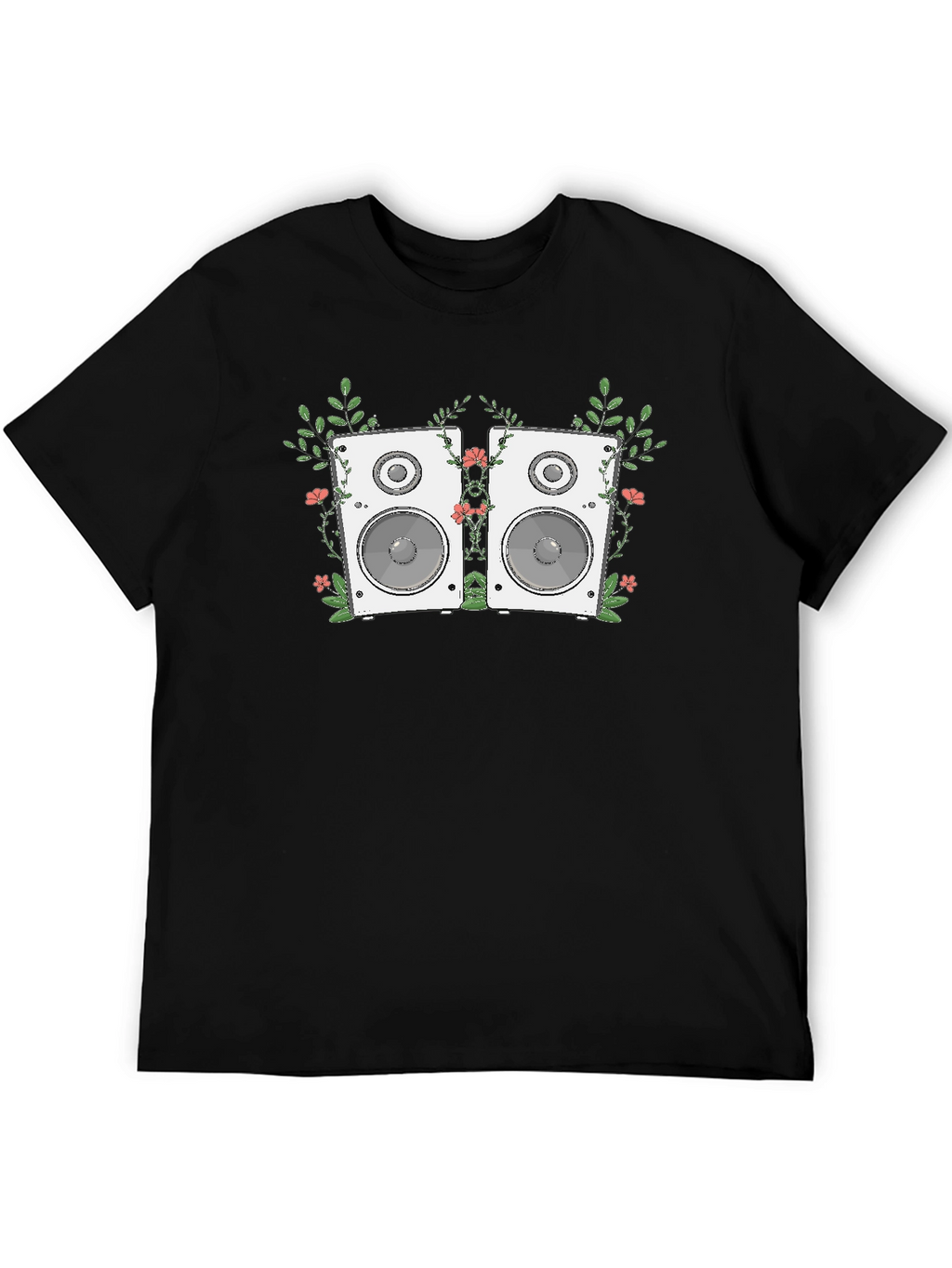 Floral Speaker Graphic Tee - Black Cotton T-Shirt