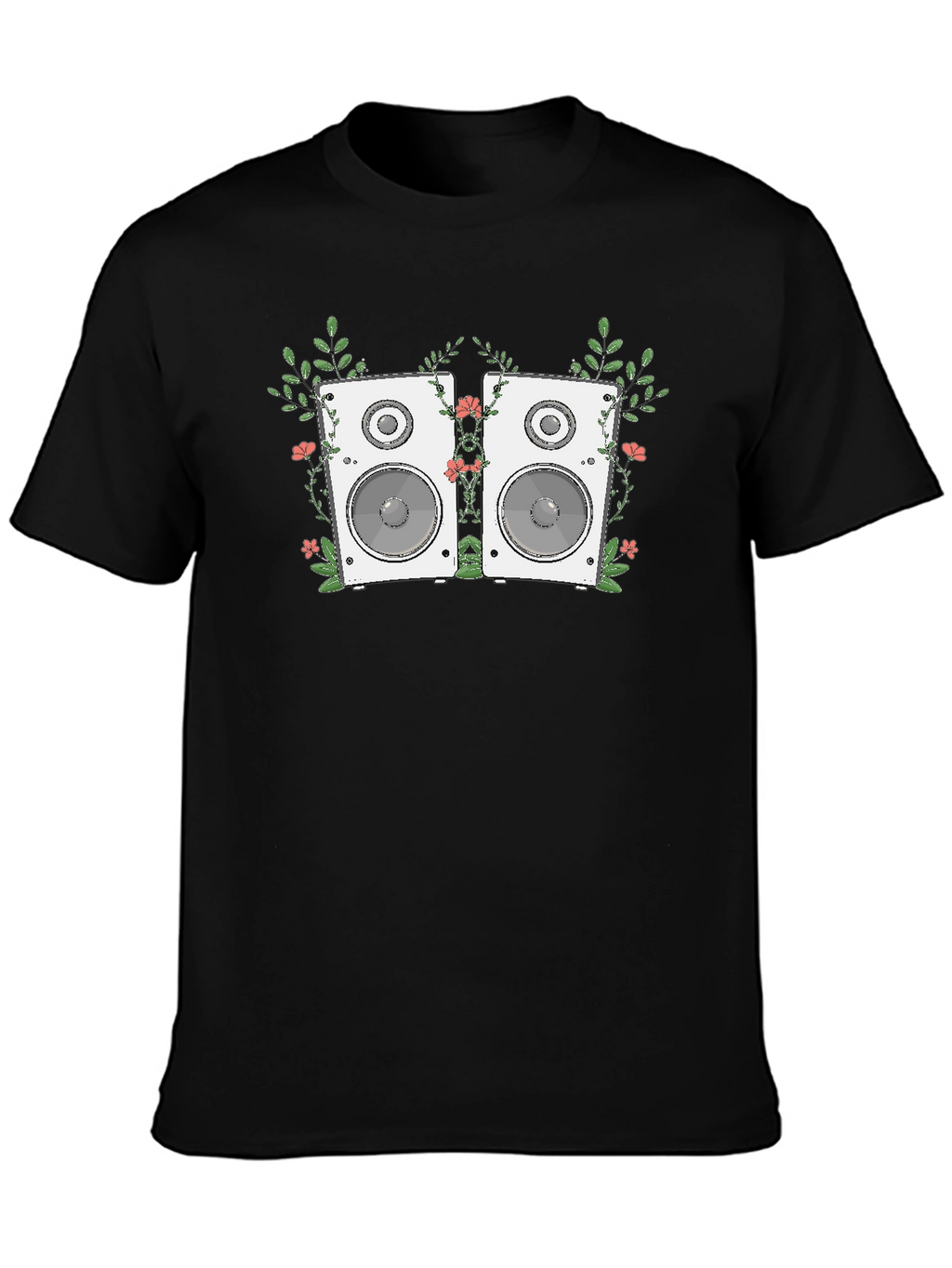 Floral Speaker Graphic Tee - Black Cotton T-Shirt