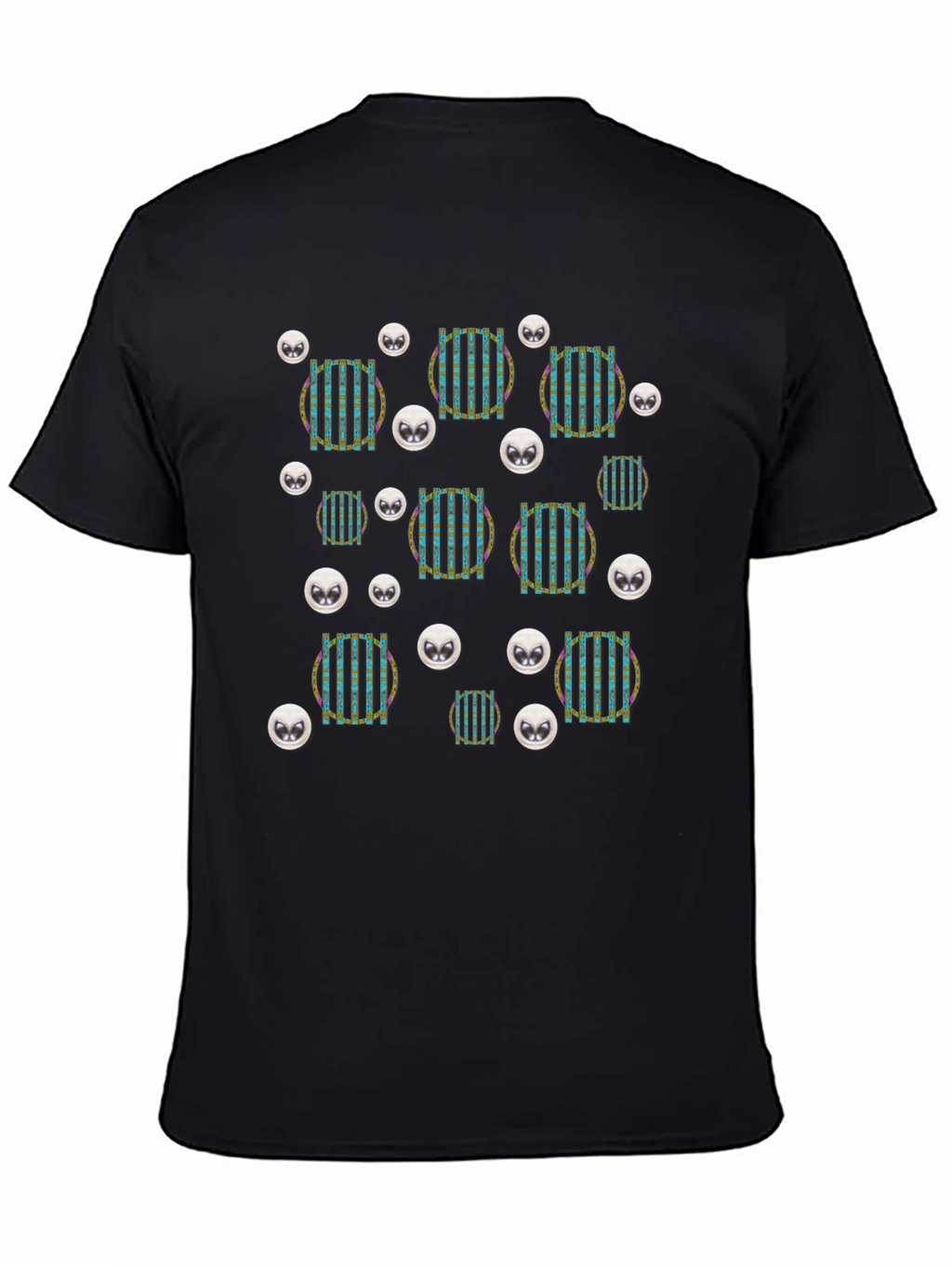 Funky Striped Circle Alien Head Black T-Shirt