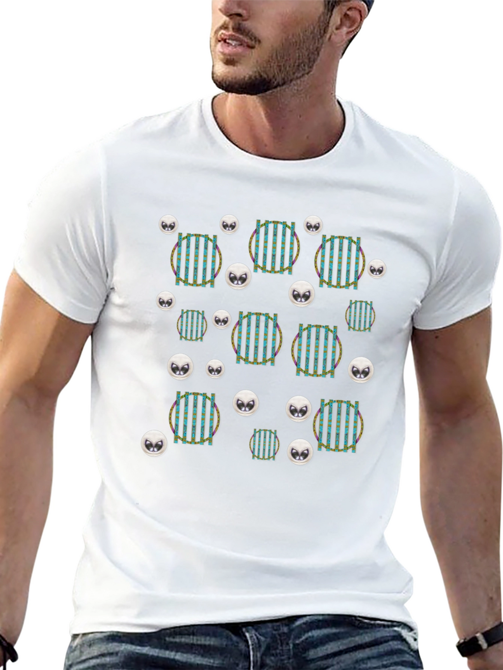 Funky Striped Circle Alien Head Black T-Shirt