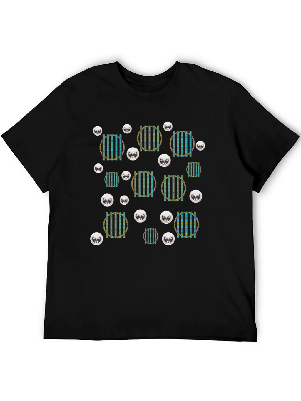 Funky Striped Circle Alien Head Black T-Shirt