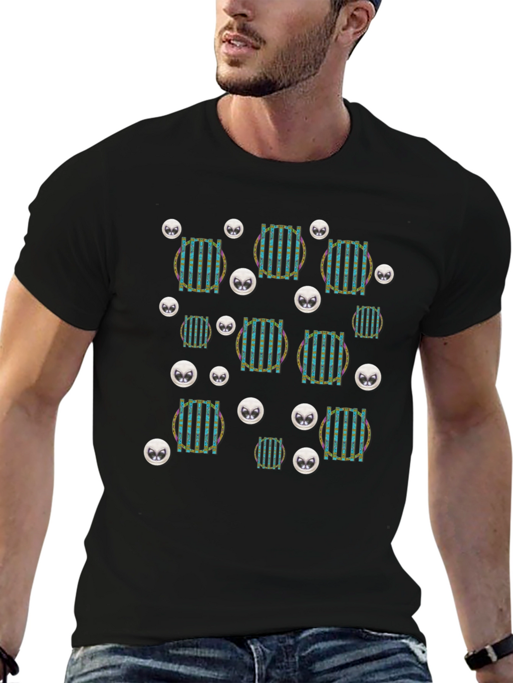 Funky Striped Circle Alien Head Black T-Shirt