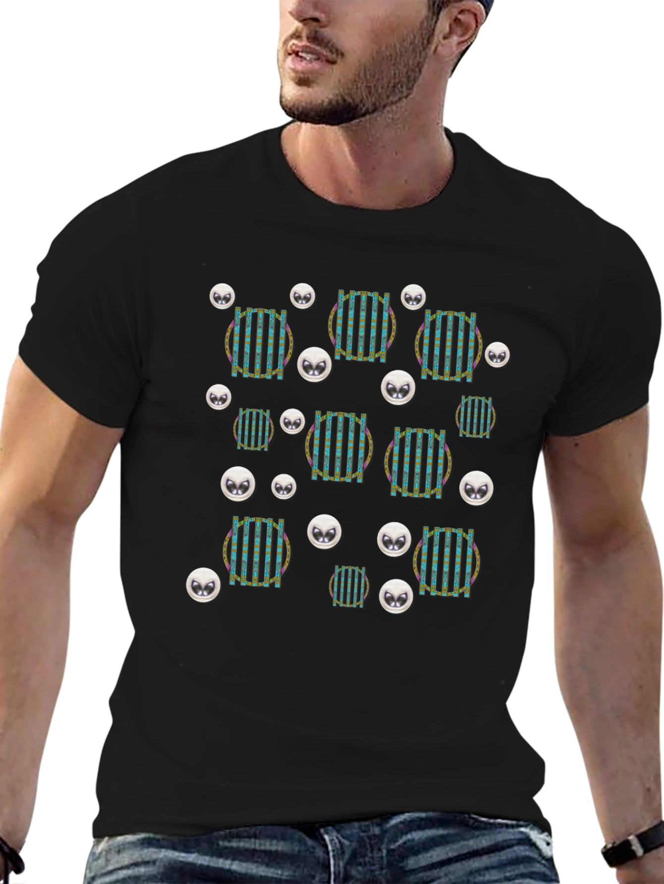 Funky Striped Circle Alien Head Black T-Shirt