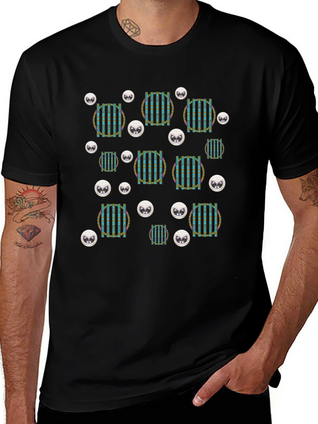 Funky Striped Circle Alien Head Black T-Shirt