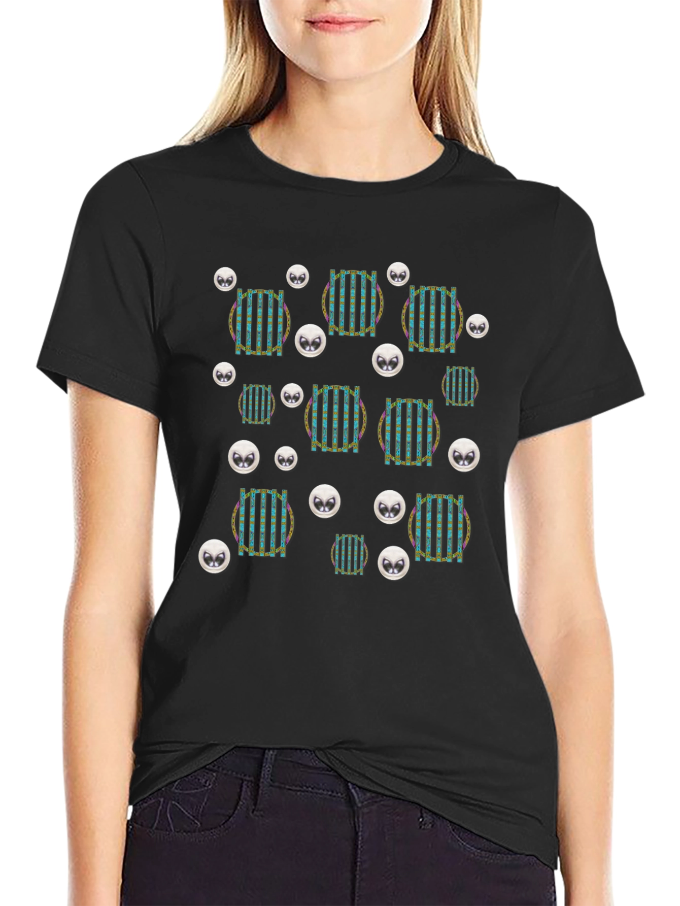 Funky Striped Circle Alien Head Black T-Shirt