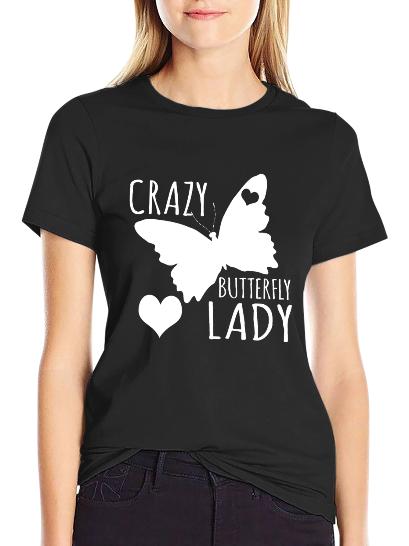 Crazy Butterfly Lady Black Graphic T-Shirt