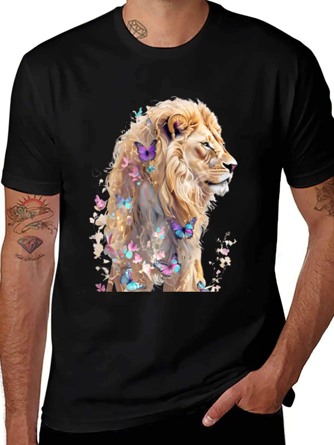 Majestic Lion And Butterflies Essential Cotton Tee For Daily Outfits – Unisex Style