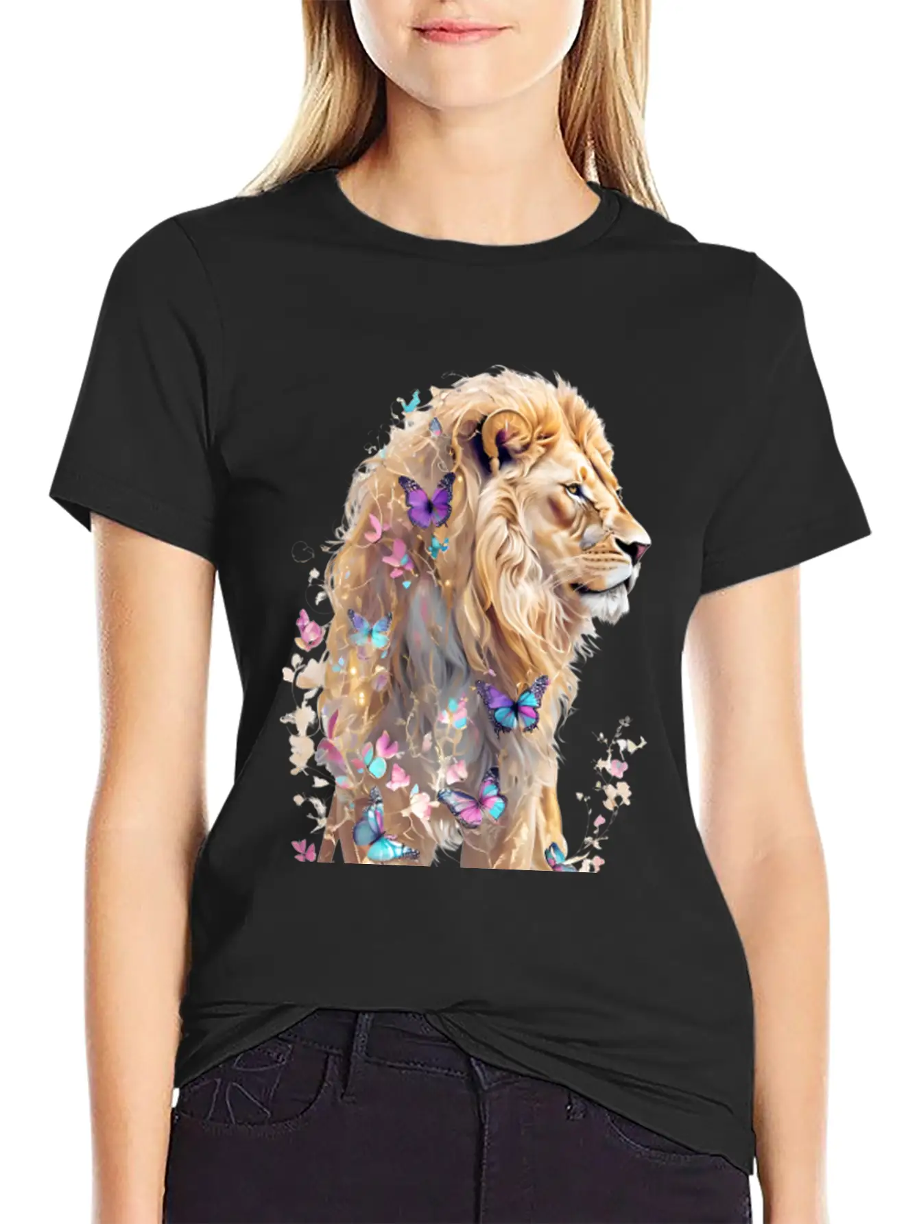 Majestic Lion And Butterflies Essential Cotton Tee For Daily Outfits – Unisex Style