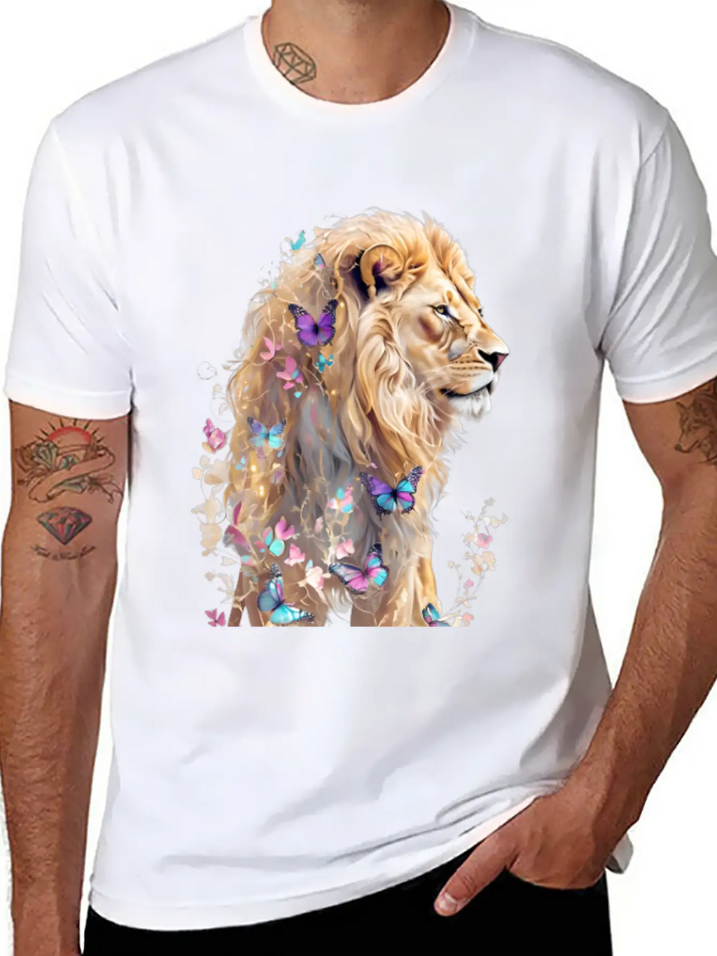 Majestic Lion And Butterflies Essential Cotton Tee For Daily Outfits – Unisex Style