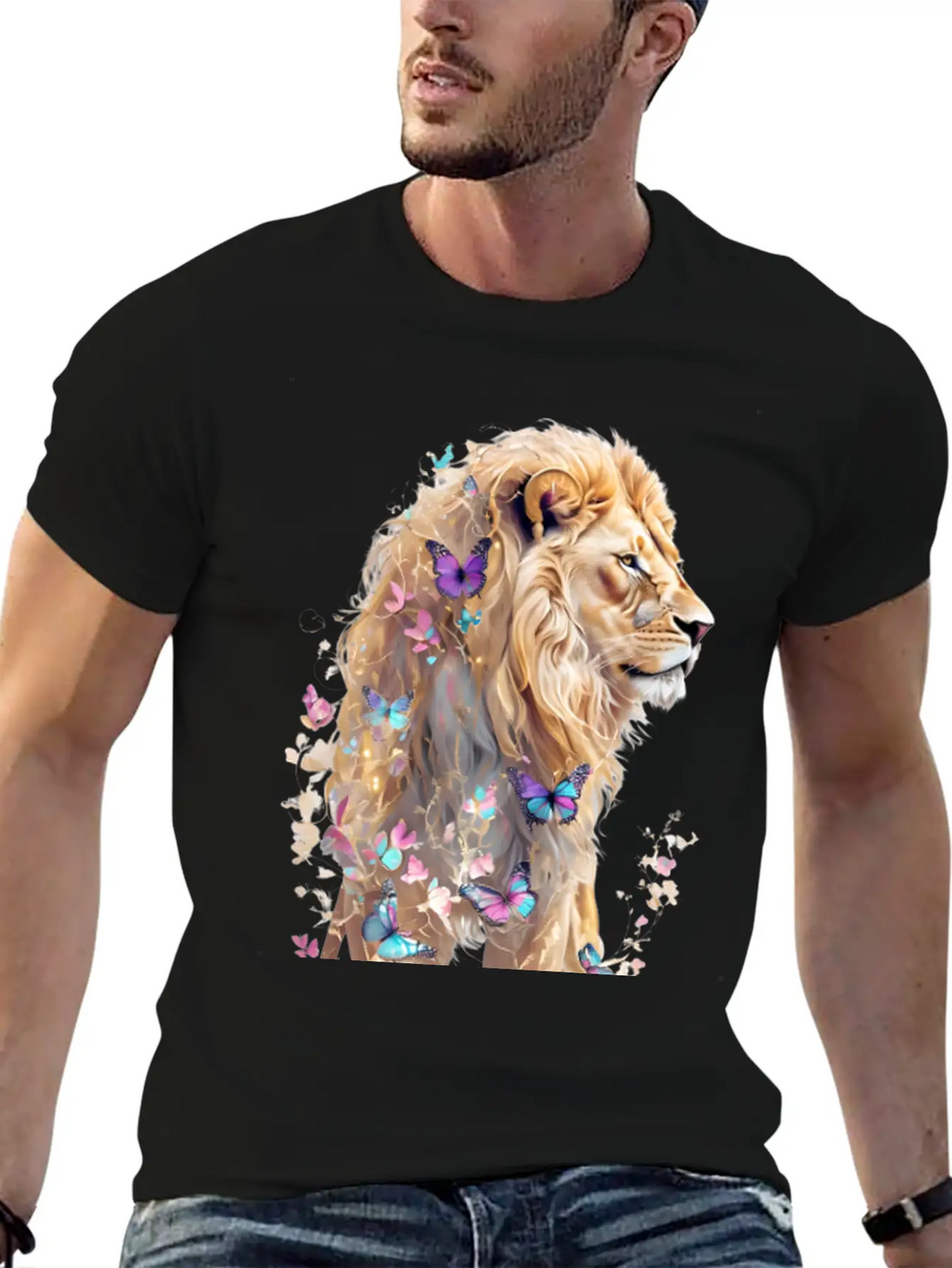 Majestic Lion And Butterflies Essential Cotton Tee For Daily Outfits – Unisex Style