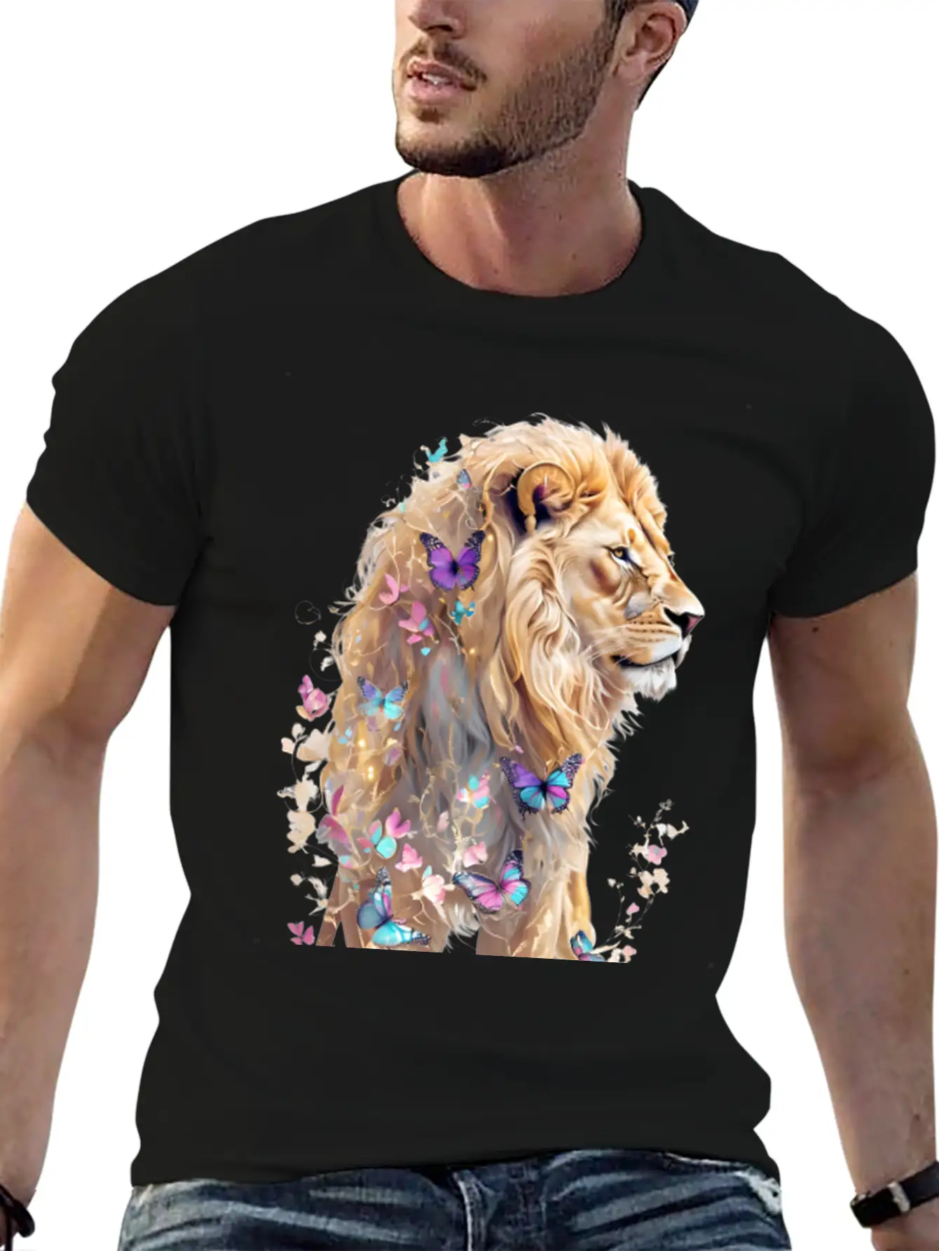 Majestic Lion And Butterflies Essential Cotton Tee For Daily Outfits – Unisex Style