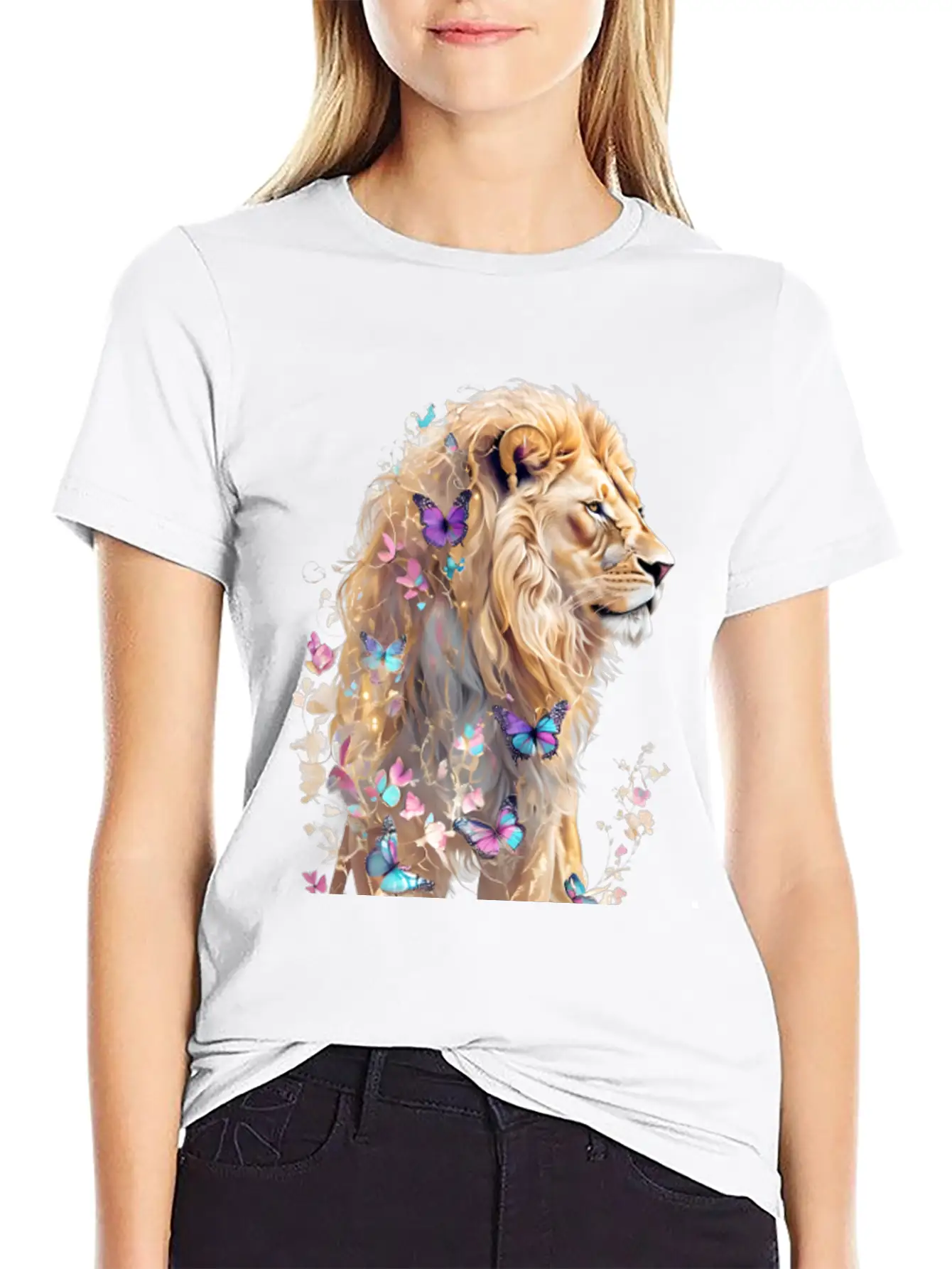 Majestic Lion And Butterflies Essential Cotton Tee For Daily Outfits – Unisex Style