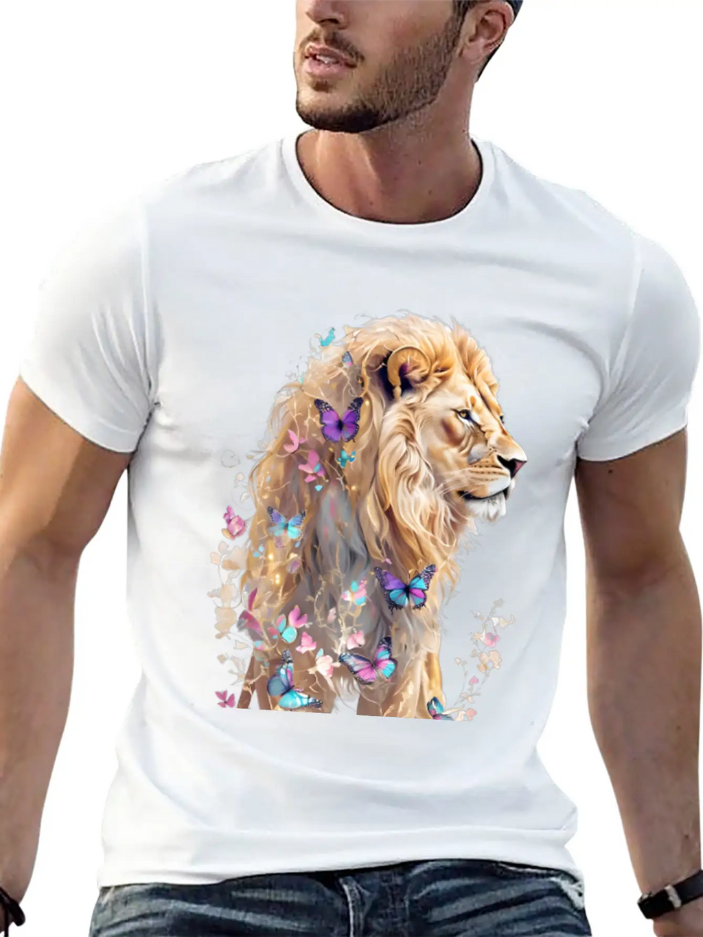 Majestic Lion And Butterflies Essential Cotton Tee For Daily Outfits – Unisex Style
