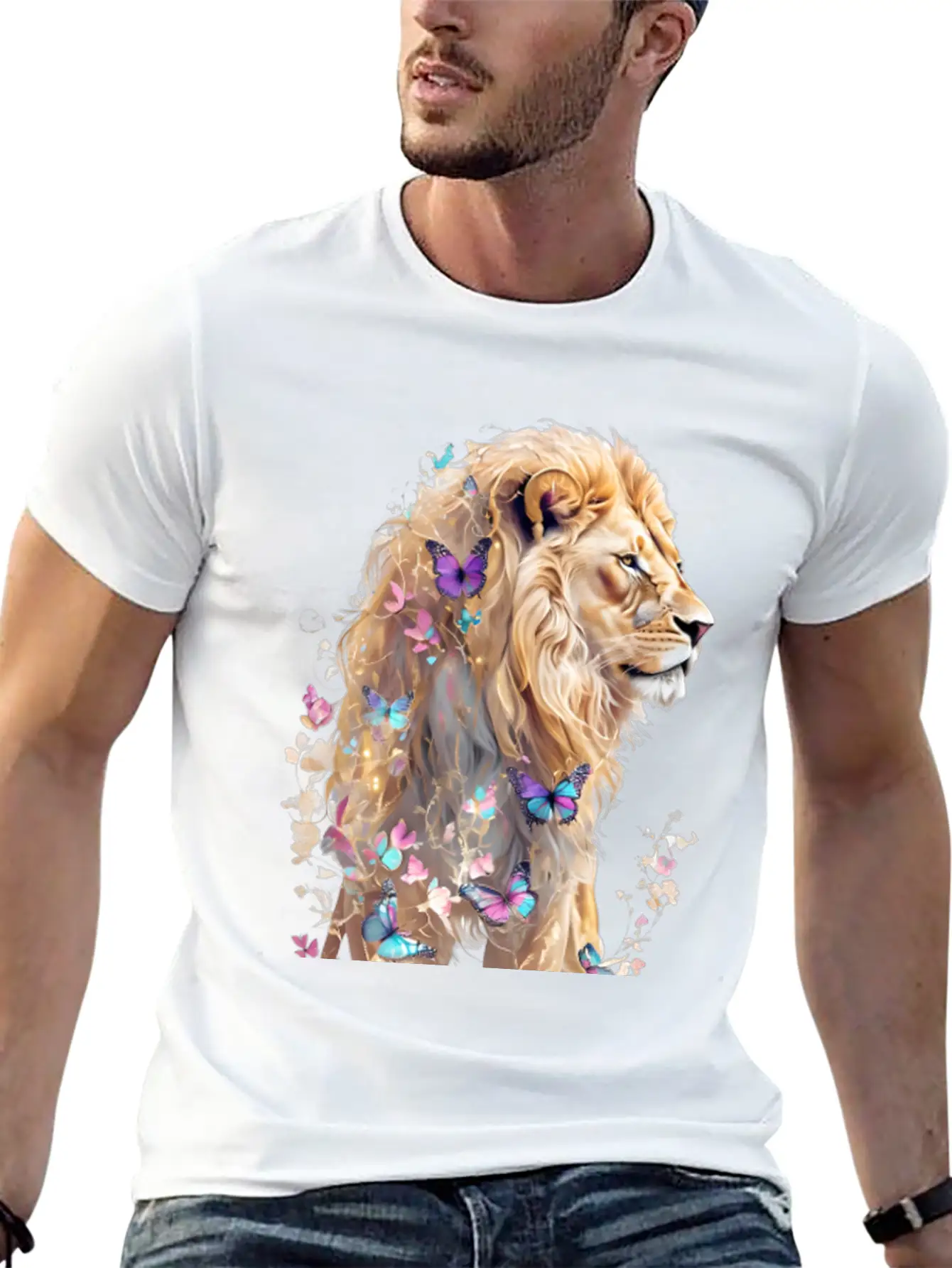 Majestic Lion And Butterflies Essential Cotton Tee For Daily Outfits – Unisex Style