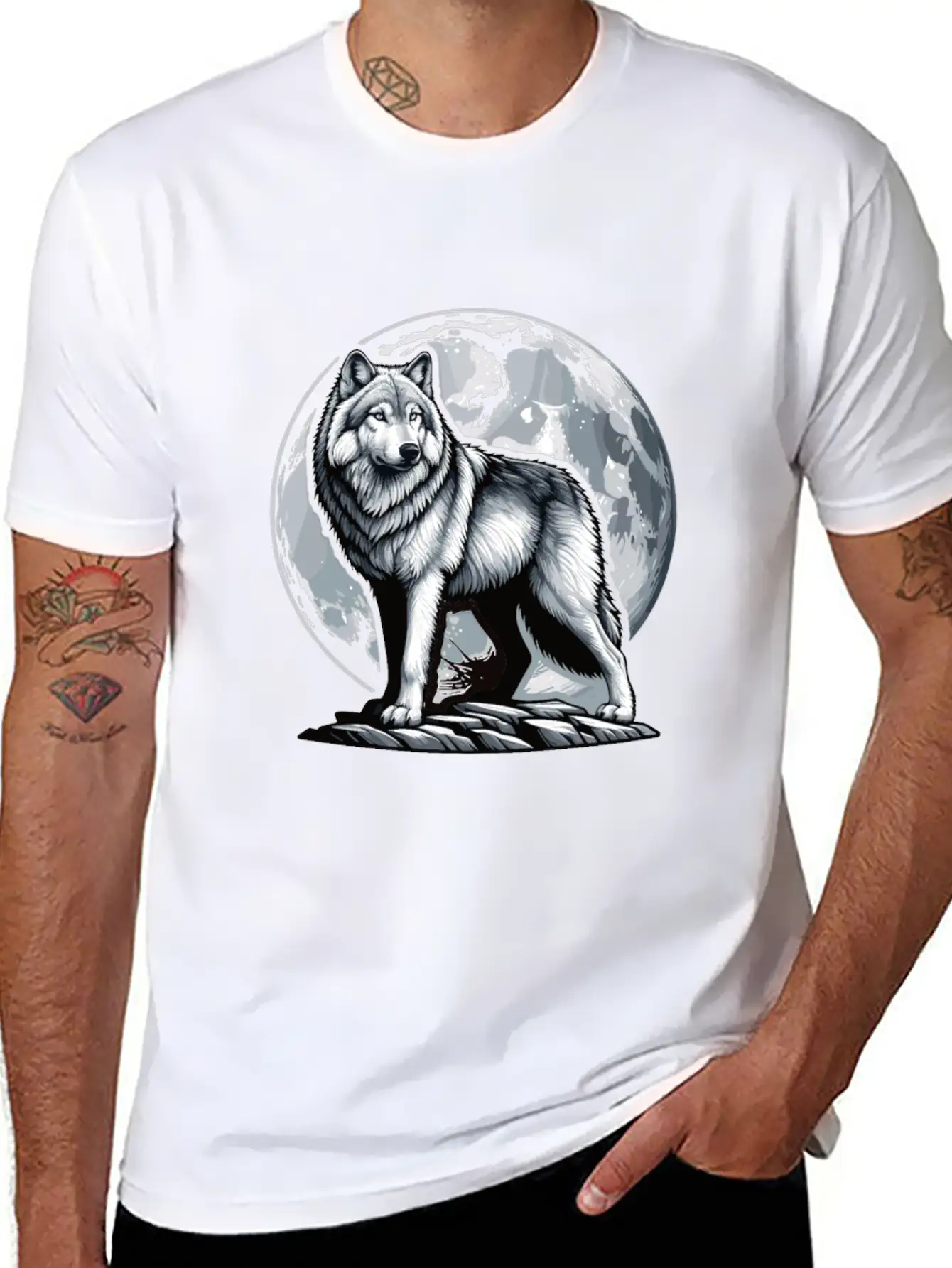 Majestic Moonlit Wolf Illustration Stylish Everyday T-Shirt – Unisex Basic Cotton Tee