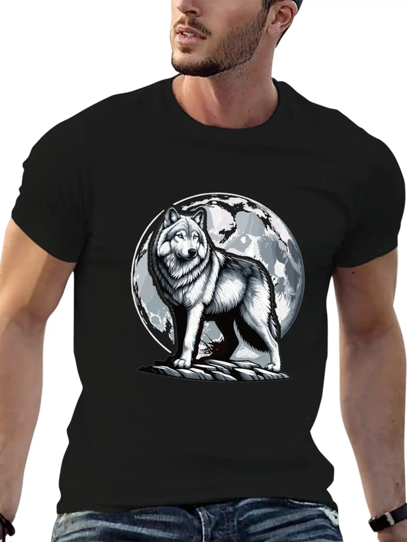 Majestic Moonlit Wolf Illustration Stylish Everyday T-Shirt – Unisex Basic Cotton Tee