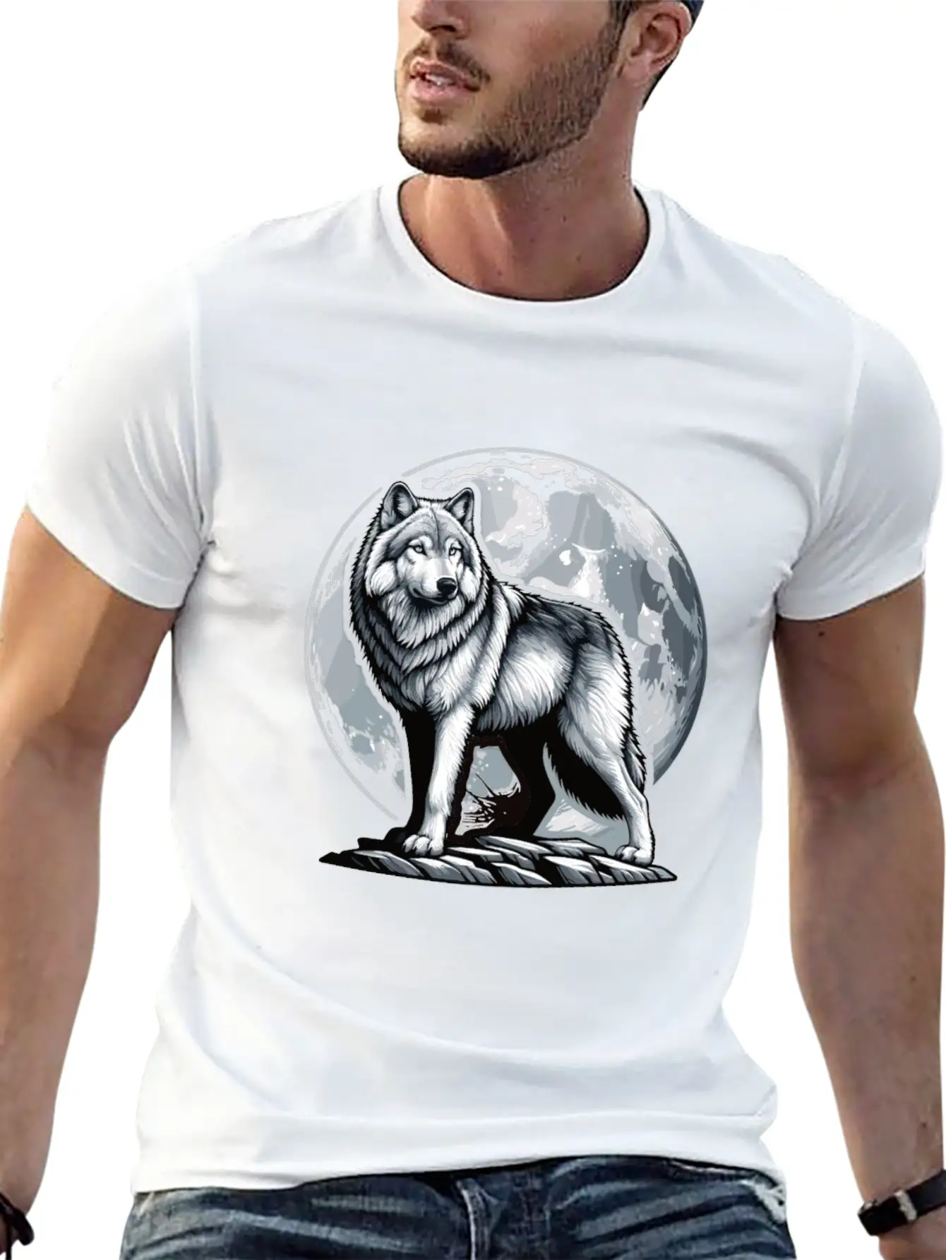 Majestic Moonlit Wolf Illustration Stylish Everyday T-Shirt – Unisex Basic Cotton Tee