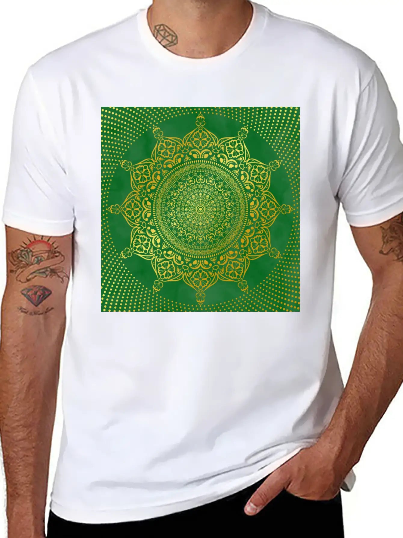 Mandala Marble Green Gold Essential Cotton Tee For Daily Outfits – Unisex Style