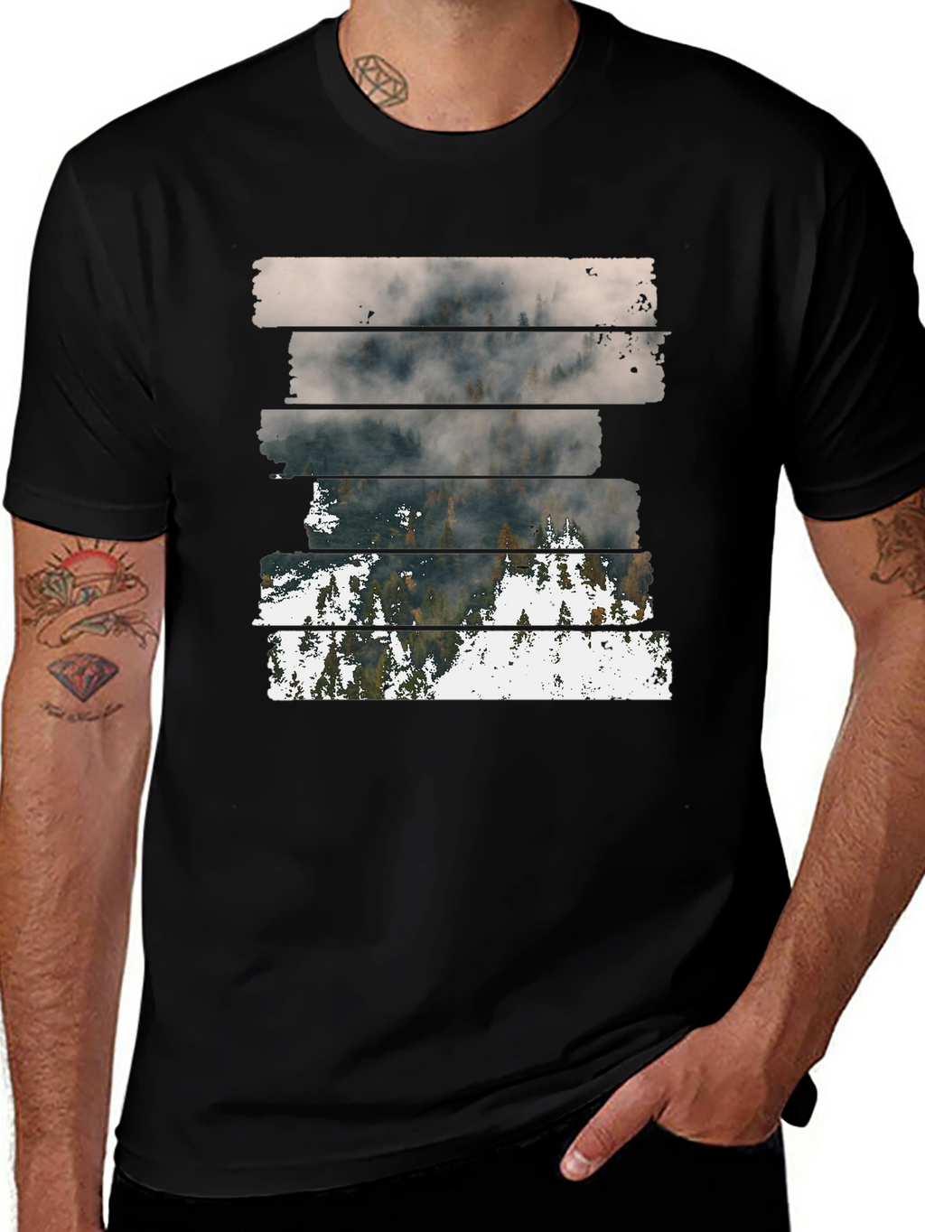 Abstract Landscape Graphic Print Mens Black T-Shirt