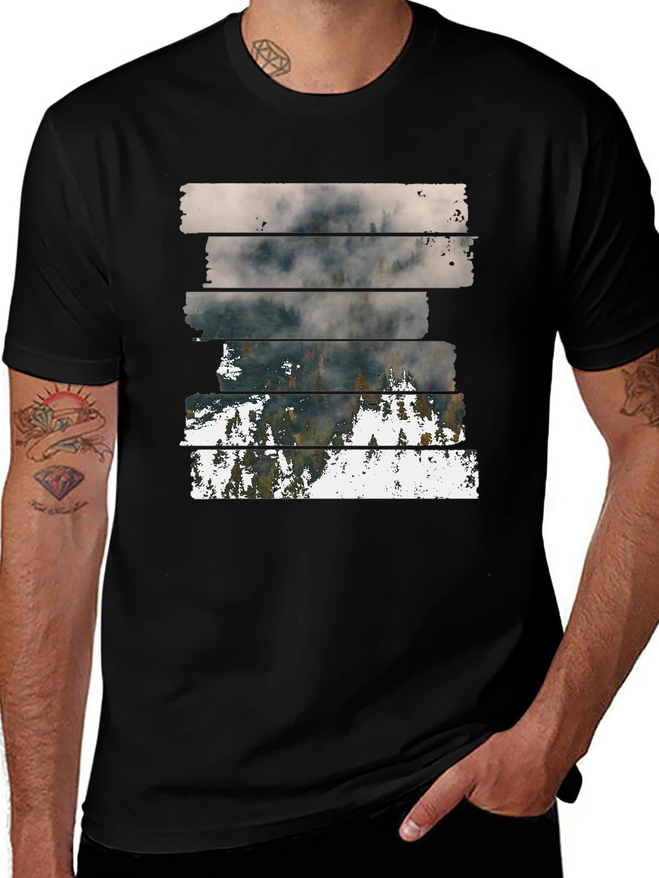 Abstract Landscape Graphic Print Mens Black T-Shirt
