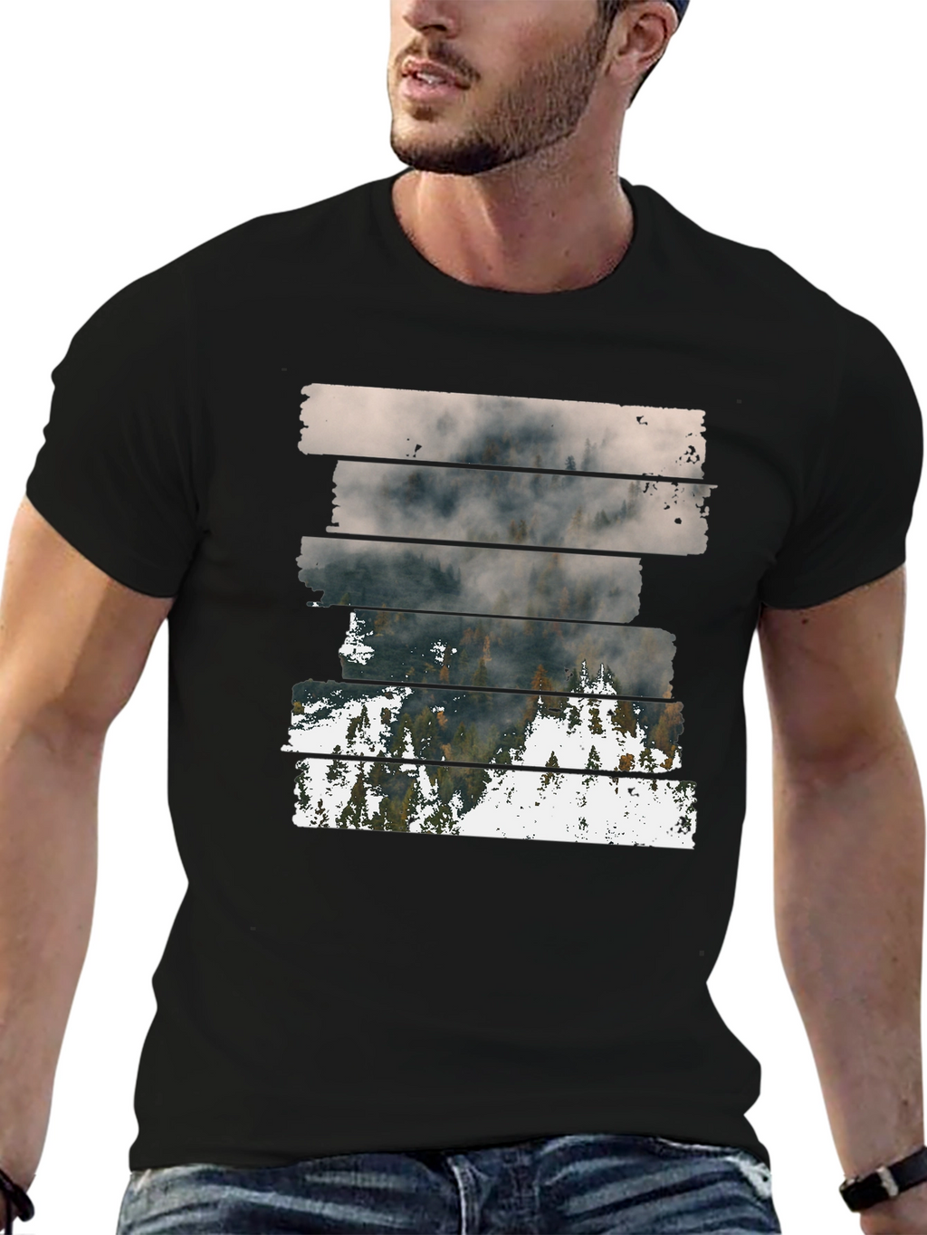 Abstract Landscape Graphic Print Mens Black T-Shirt