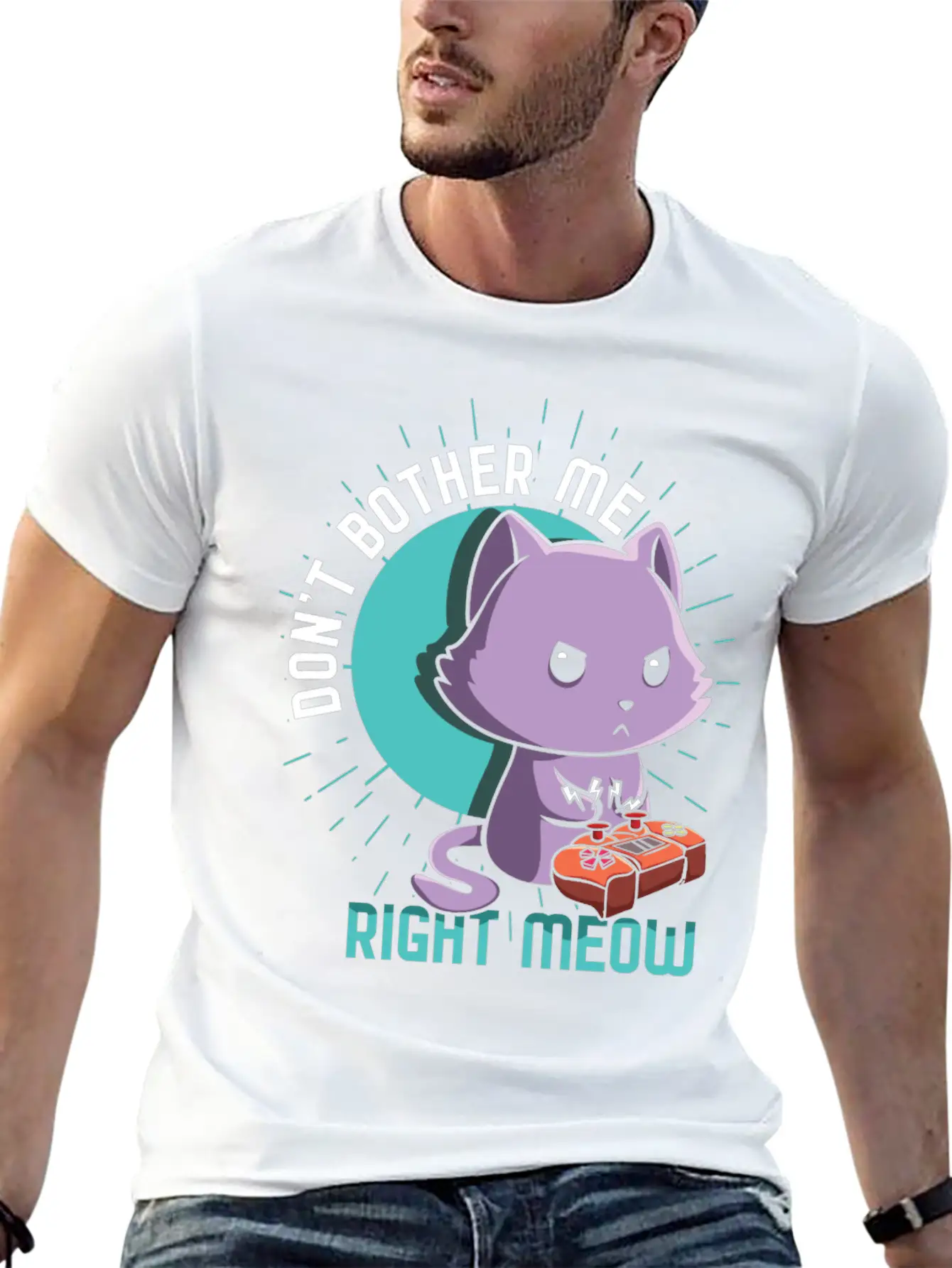Meow Kawaii Cat Playing Video Game Lover Gaming Unisex Short Sleeve Soft Cotton T-Shirt – Casual Everyday Wear