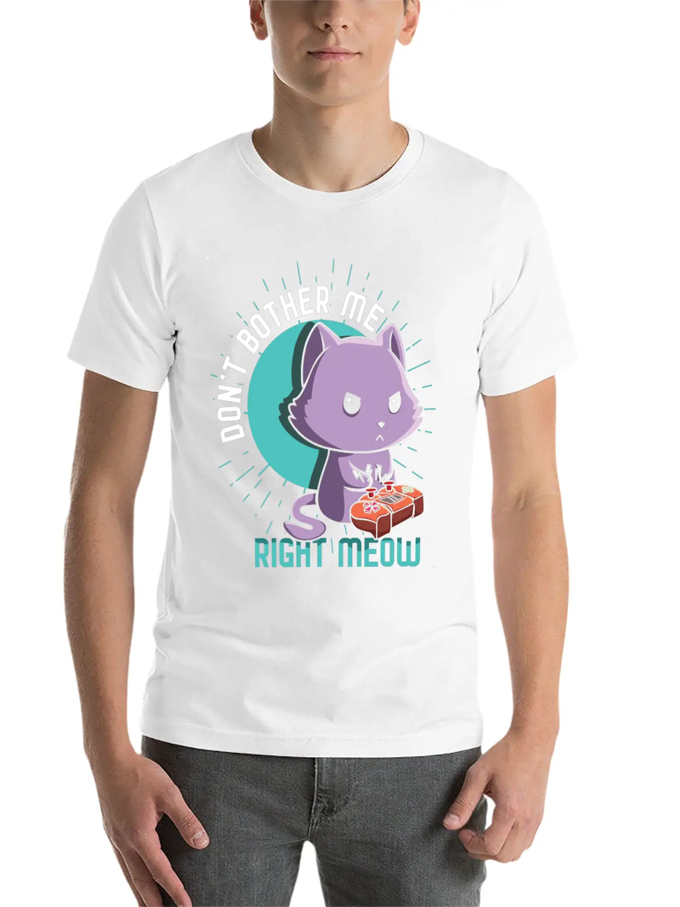 Meow Kawaii Cat Playing Video Game Lover Gaming Unisex Short Sleeve Soft Cotton T-Shirt – Casual Everyday Wear