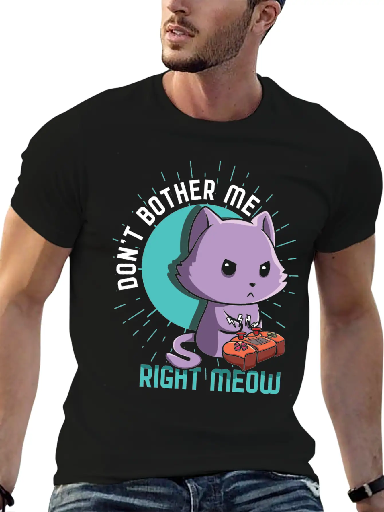 Meow Kawaii Cat Playing Video Game Lover Gaming Unisex Short Sleeve Soft Cotton T-Shirt – Casual Everyday Wear