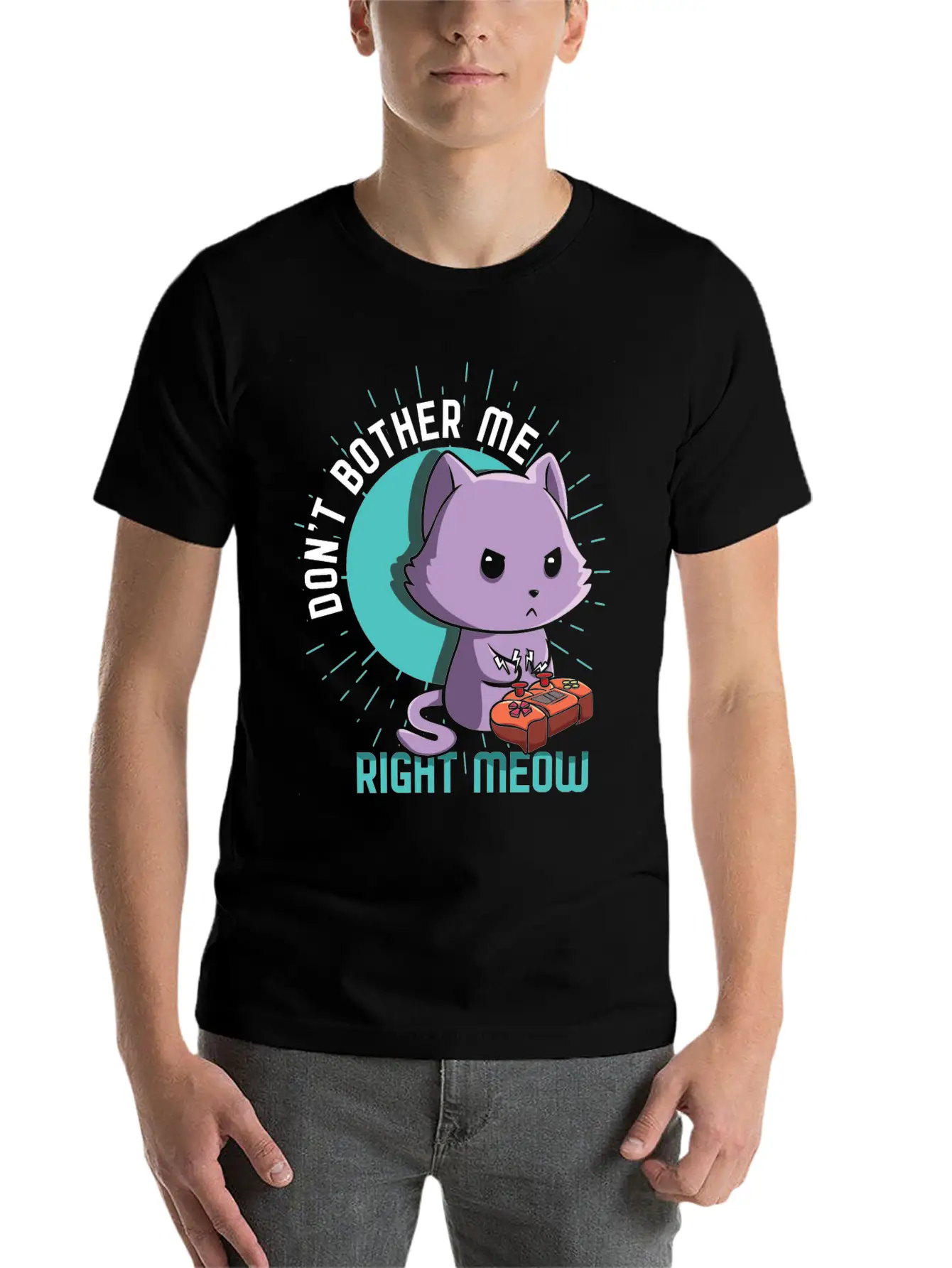 Meow Kawaii Cat Playing Video Game Lover Gaming Unisex Short Sleeve Soft Cotton T-Shirt – Casual Everyday Wear