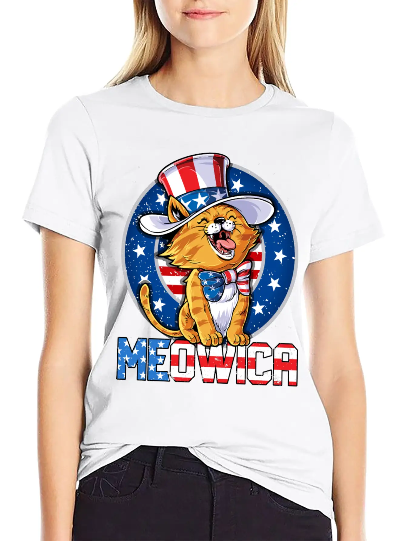Meowica 4th Of July T Shirt Merica Cat American Flag Uncle Sam Women Kids Unisex Casual T-Shirt – Clean Design For Daily Comfort