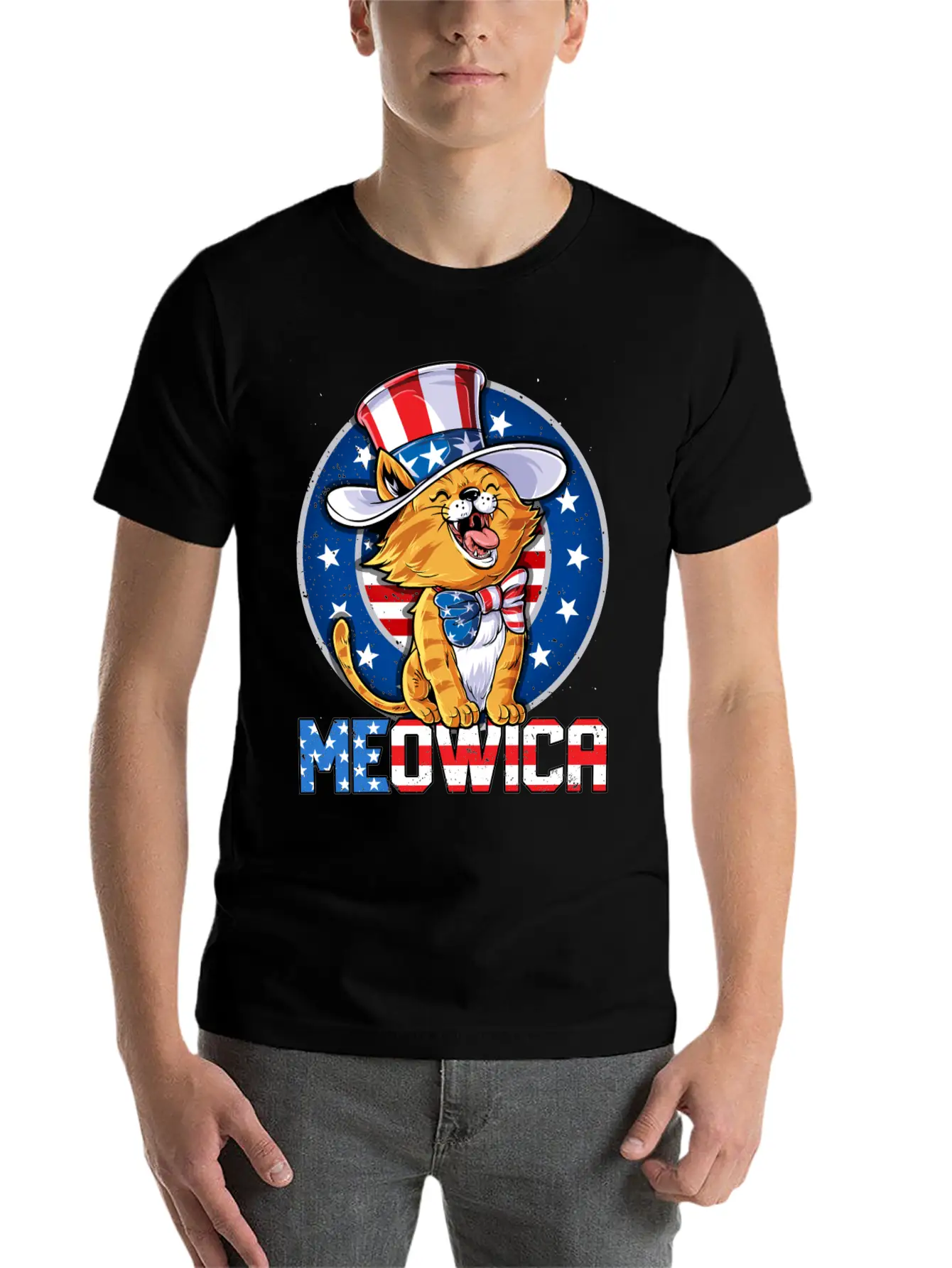 Meowica 4th Of July T Shirt Merica Cat American Flag Uncle Sam Women Kids Unisex Casual T-Shirt – Clean Design For Daily Comfort