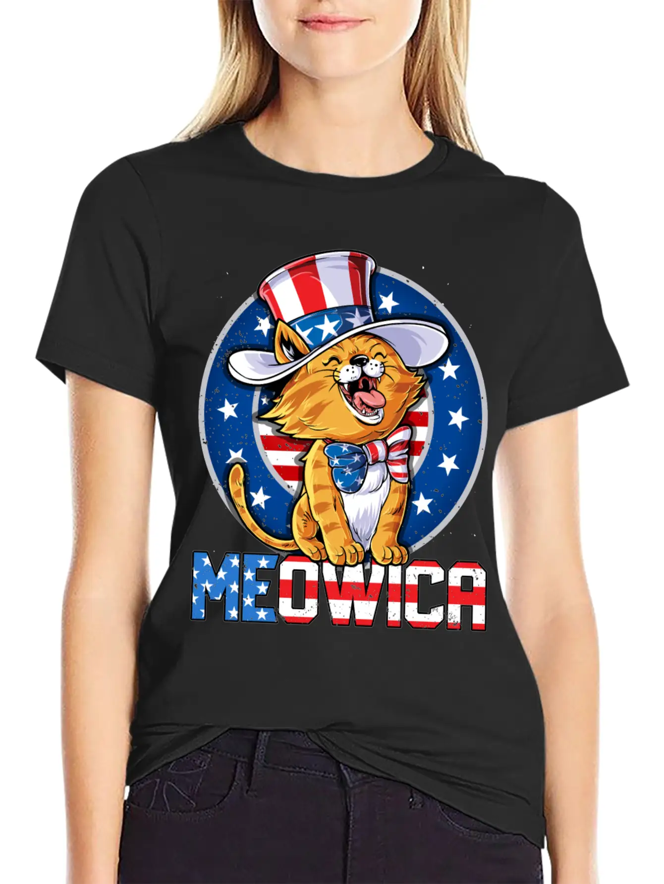 Meowica 4th Of July T Shirt Merica Cat American Flag Uncle Sam Women Kids Unisex Casual T-Shirt – Clean Design For Daily Comfort