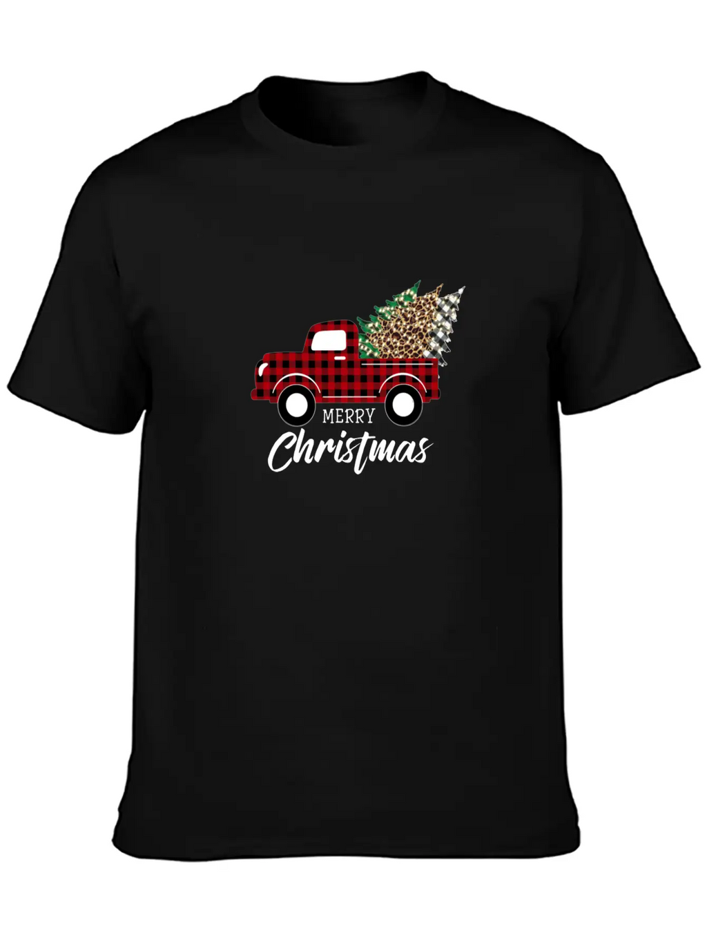 Merry Christmas Vintage Plaid Leopard Truck Tree Unisex Short Sleeve Soft Cotton T-Shirt – Casual Everyday Wear