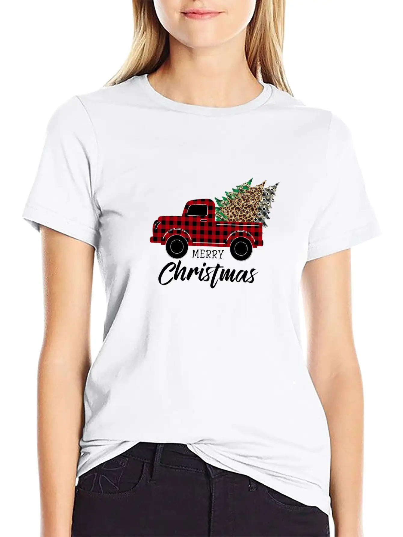 Merry Christmas Vintage Plaid Leopard Truck Tree Unisex Short Sleeve Soft Cotton T-Shirt – Casual Everyday Wear