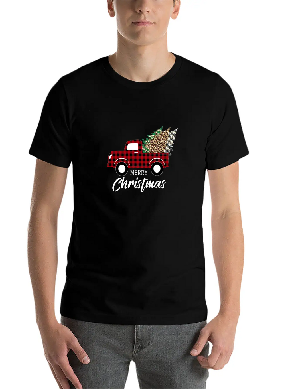 Merry Christmas Vintage Plaid Leopard Truck Tree Unisex Short Sleeve Soft Cotton T-Shirt – Casual Everyday Wear