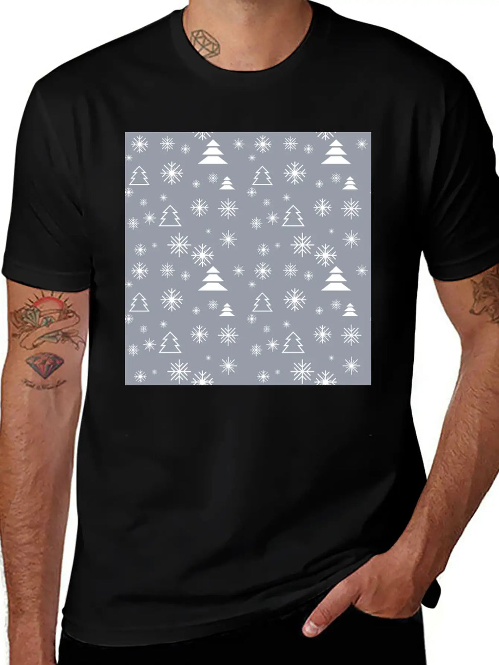 Modern Minimal Christmas Trees Pattern Snowflakes Classic Fit Graphic Tee For Daily Comfort – Unisex Cotton Shirt