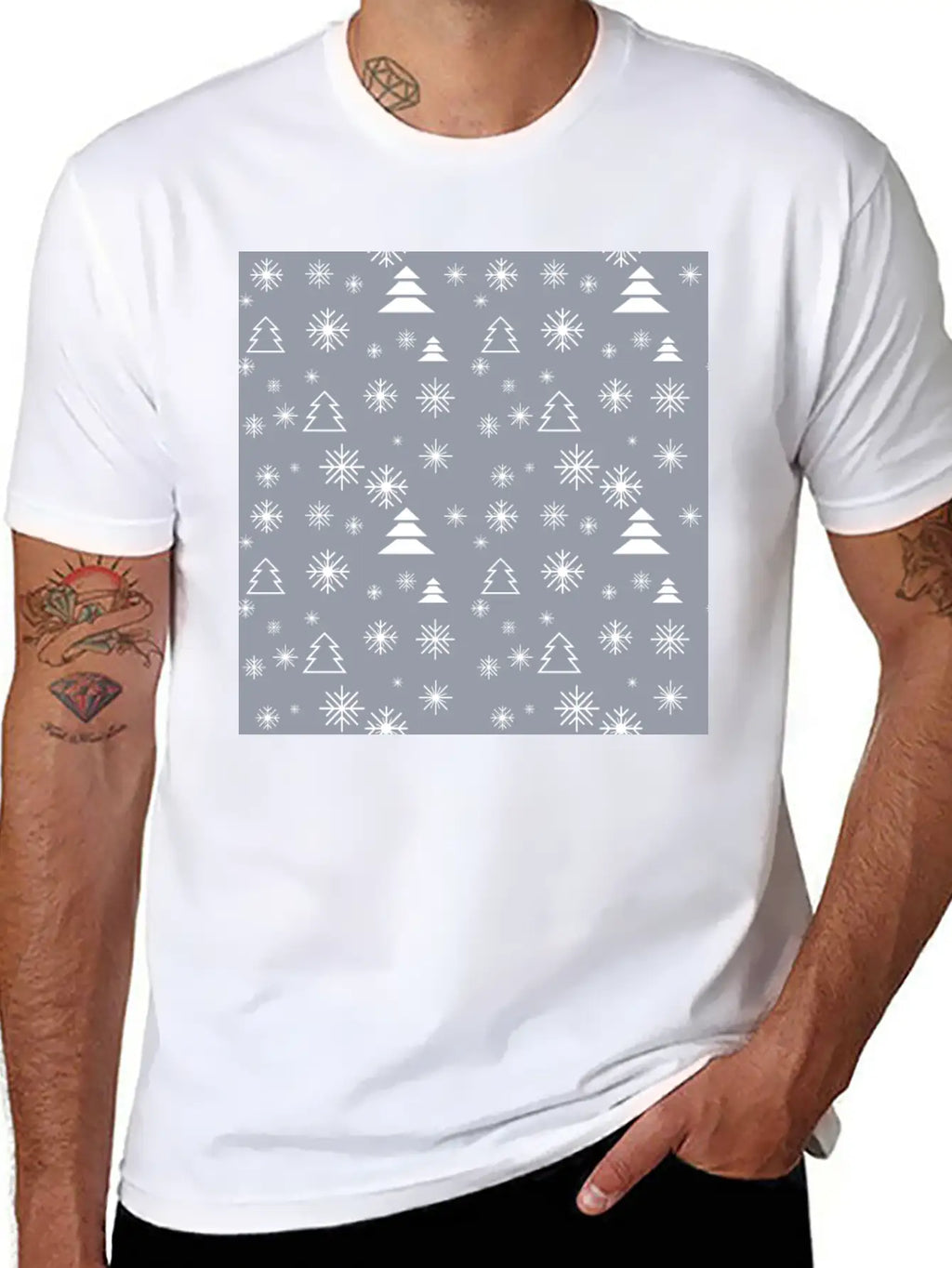 Modern Minimal Christmas Trees Pattern Snowflakes Classic Fit Graphic Tee For Daily Comfort – Unisex Cotton Shirt