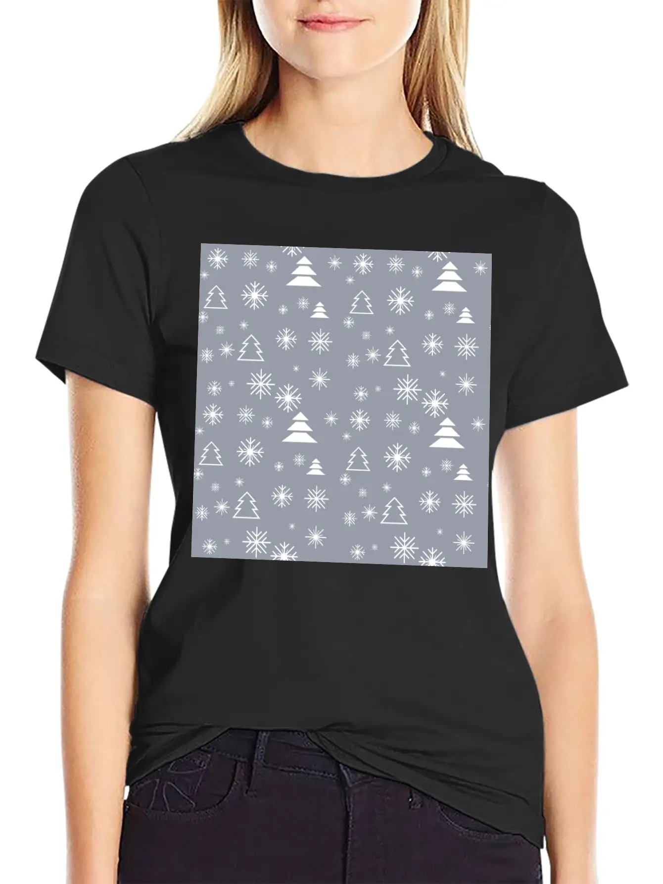 Modern Minimal Christmas Trees Pattern Snowflakes Classic Fit Graphic Tee For Daily Comfort – Unisex Cotton Shirt